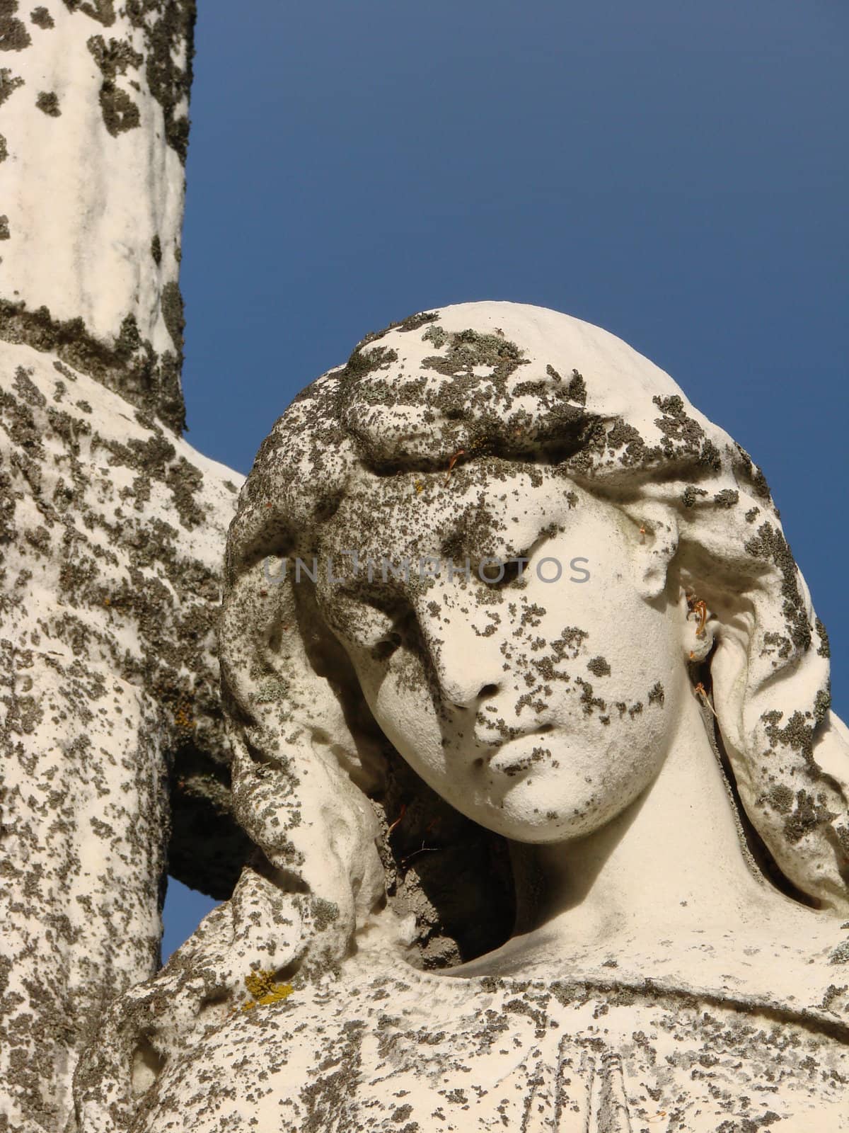 White marble statue of Mary in Catholic Cemetery.Close up shot of head. Statue has moss and lichen on it. Fall day with bright blue sky and clouds.