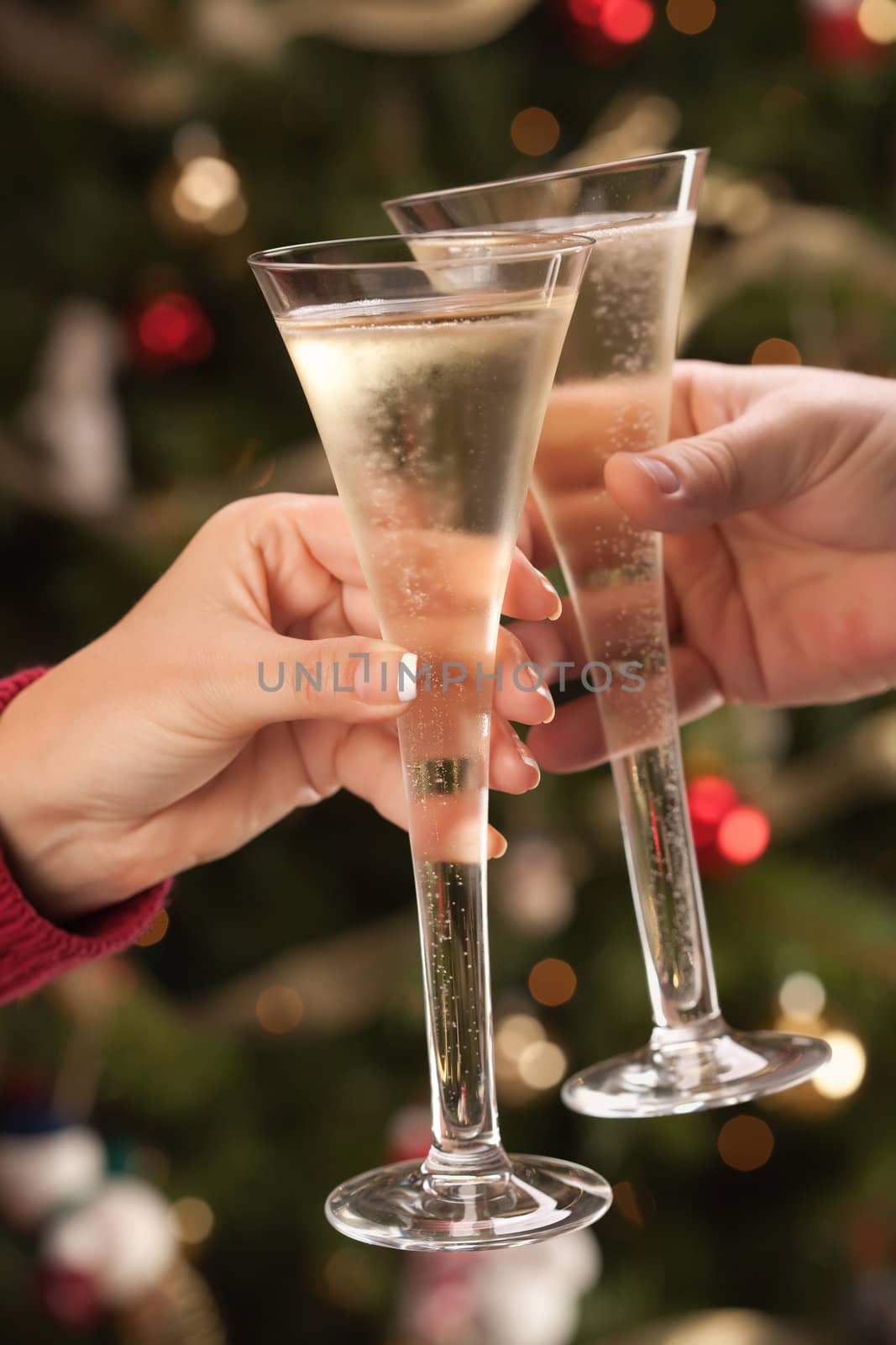 Man and Woman Toasting Champagne in Front of Decor and Lights.