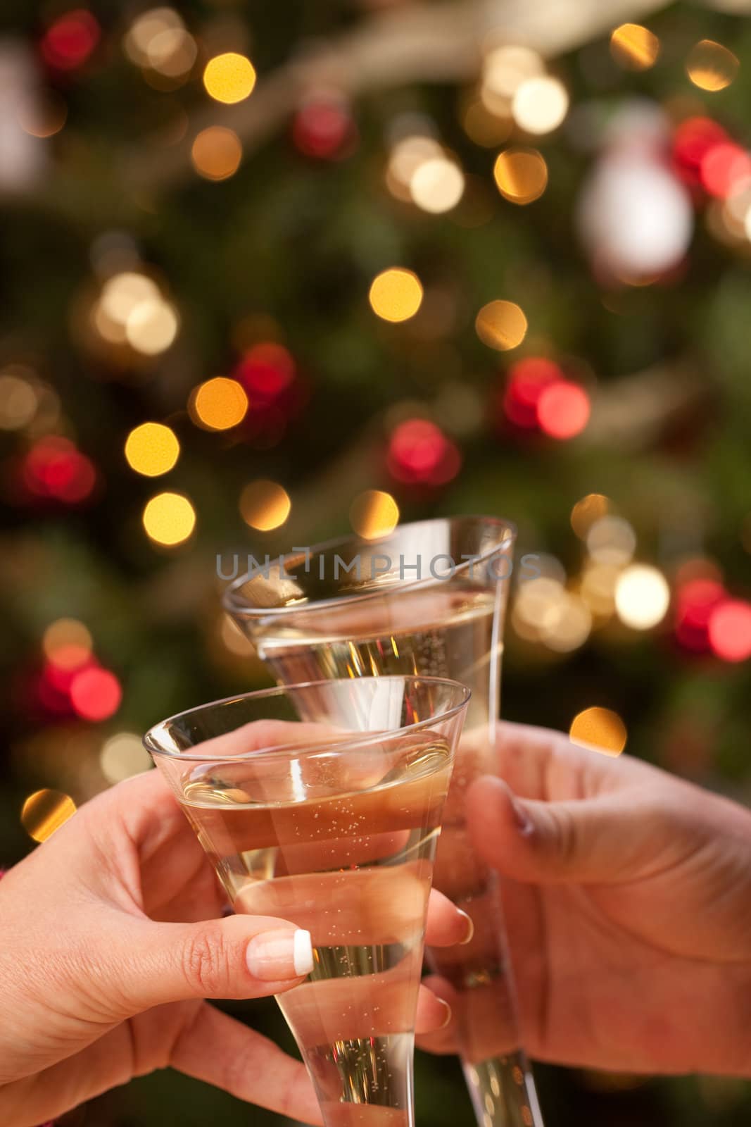 Man and Woman Toasting Champagne in Front of Lights by Feverpitched