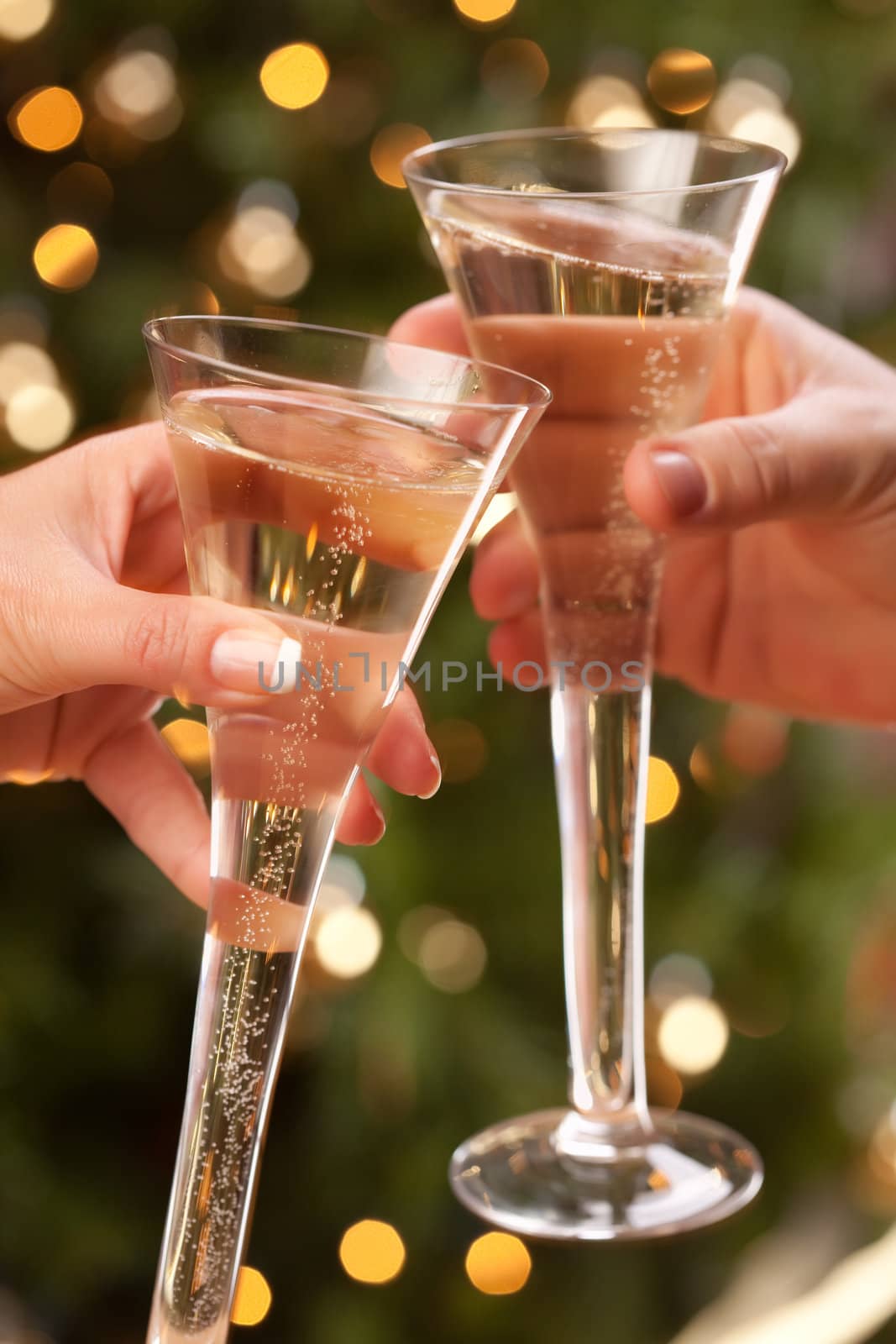 Man and Woman Toasting Champagne in Front of Decor and Lights.