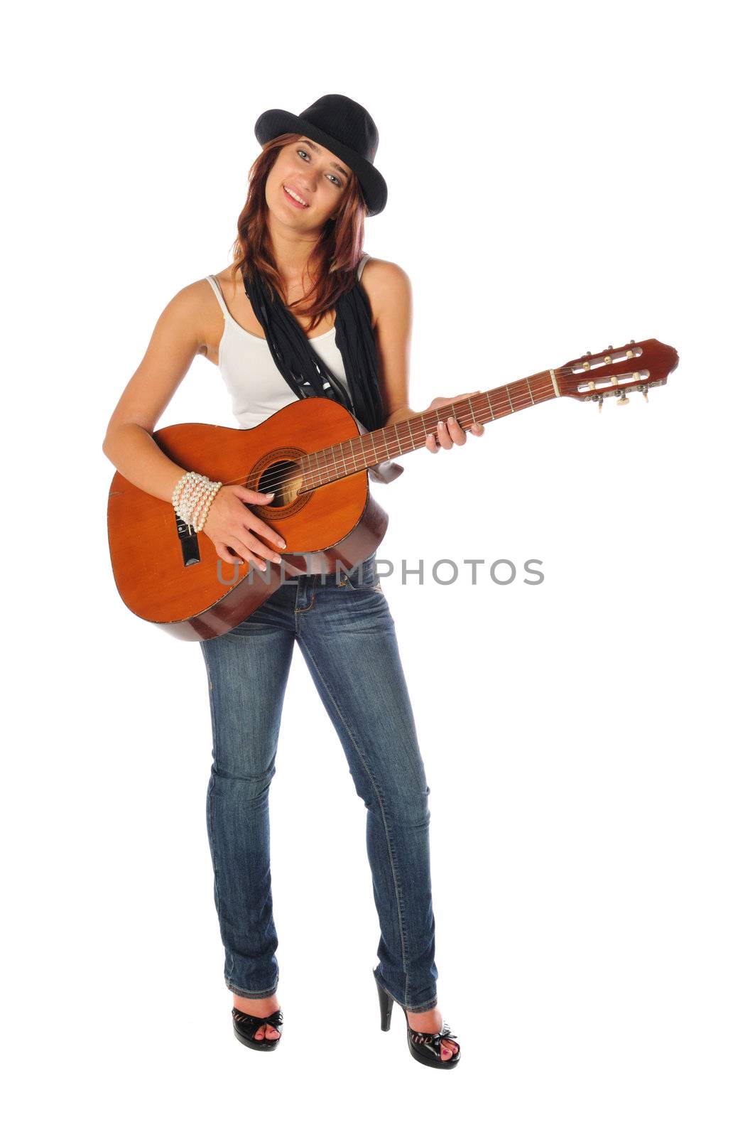 attractive woman with a guitar on white by PDImages