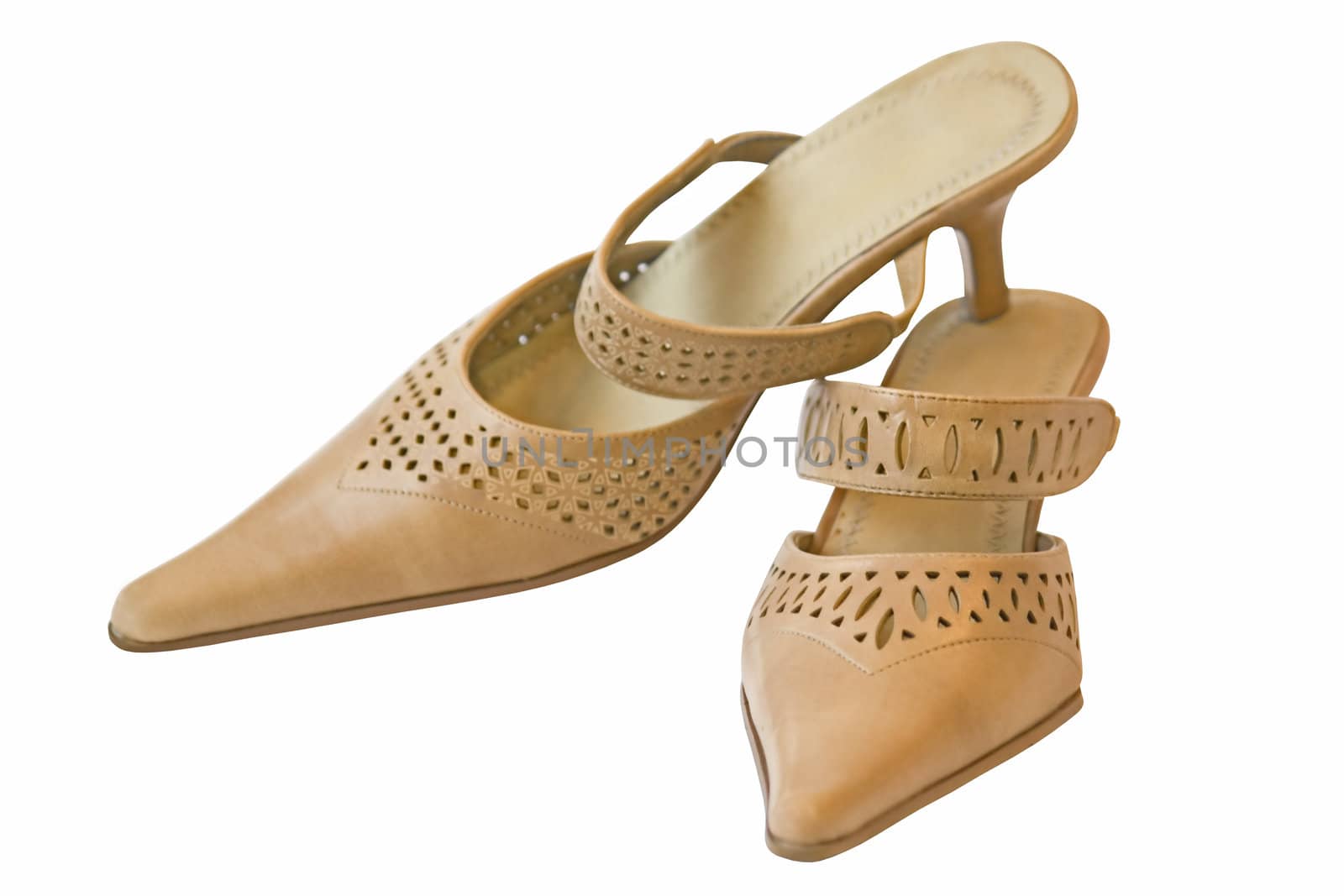 Brown women's shoes on the high heel, isolated on a white background.