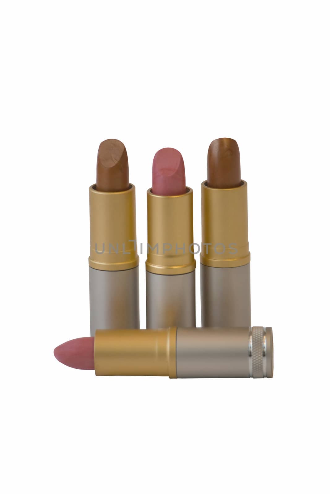 Lipstick different colors isolated on a white background.