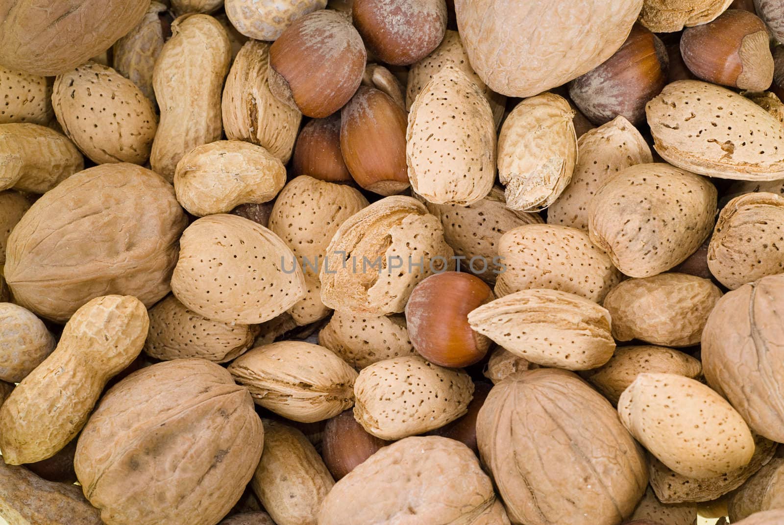 Background of mixed nuts including walnuts, hazelnuts and peanuts