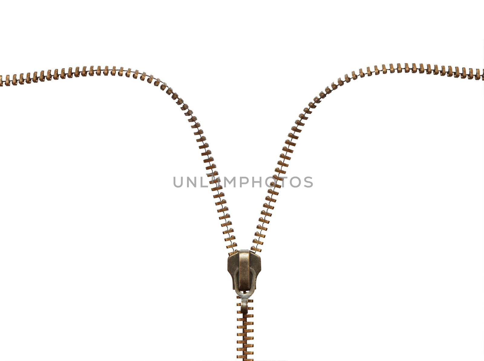 Brass zipper on white background isolated with clipping path