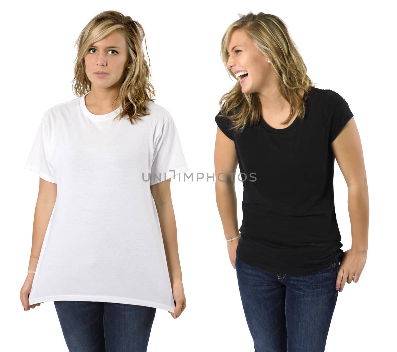 Young beautiful blond female with blank black shirt and white shirt. Ready for your design or logo.