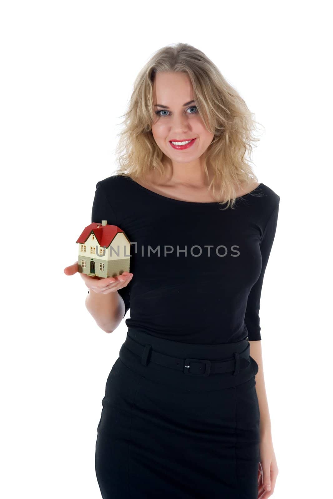 Business woman advertises real estate on white background