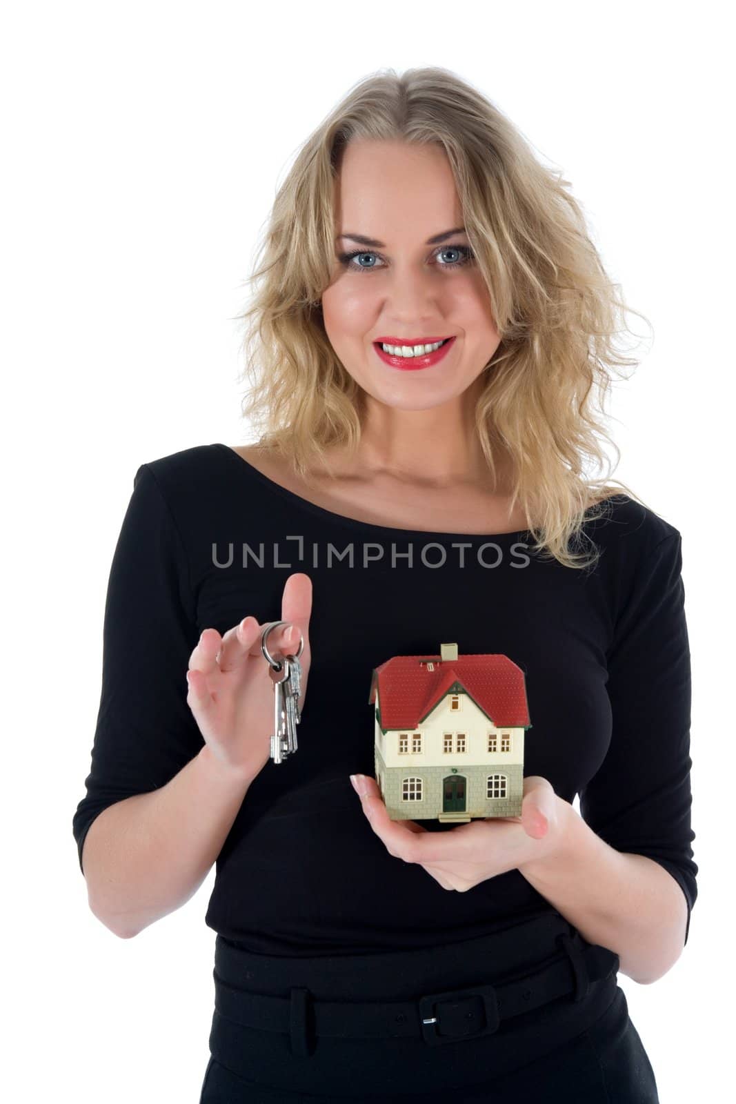 Business woman advertises real estate on white background