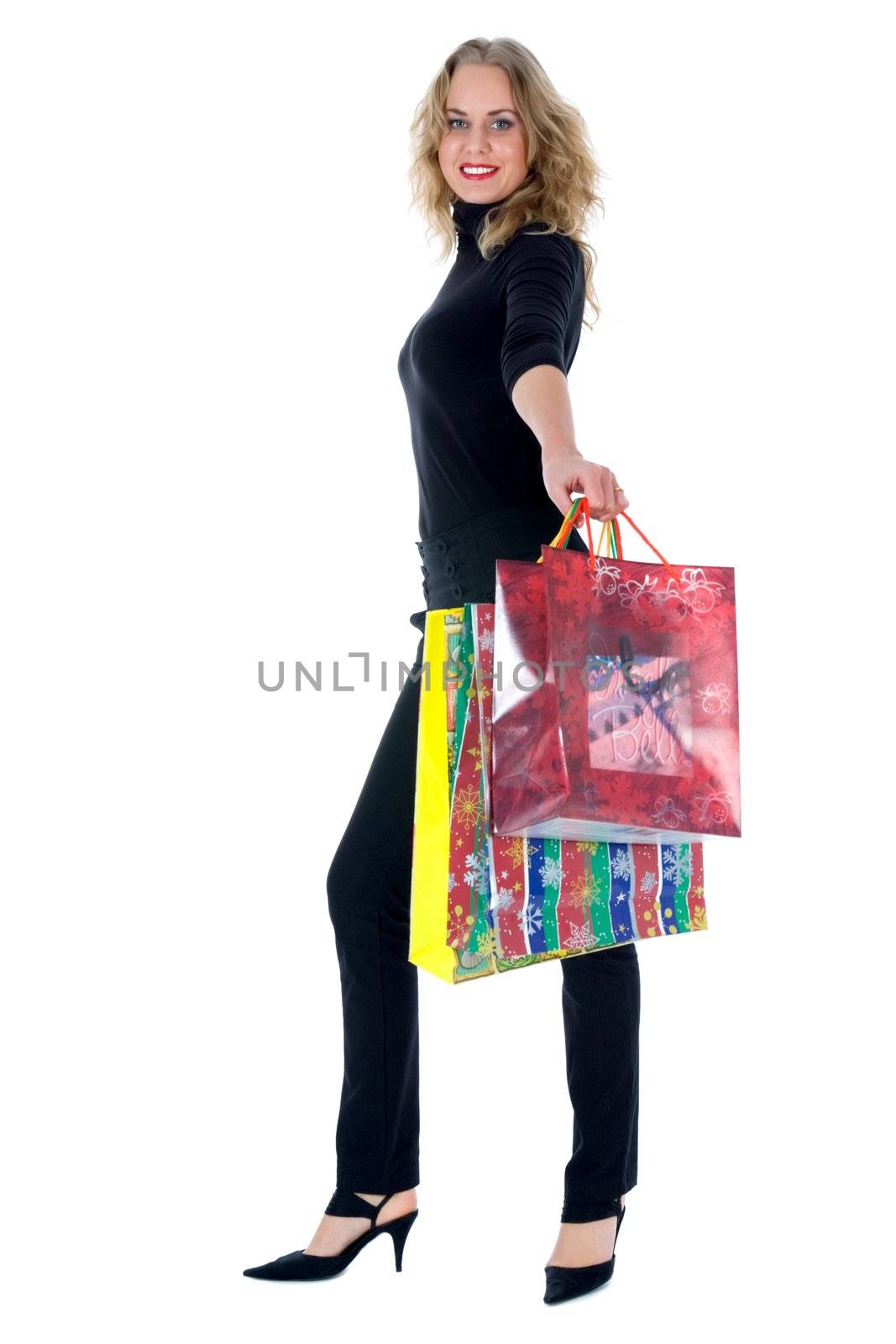 expressive woman  on white background  shopping