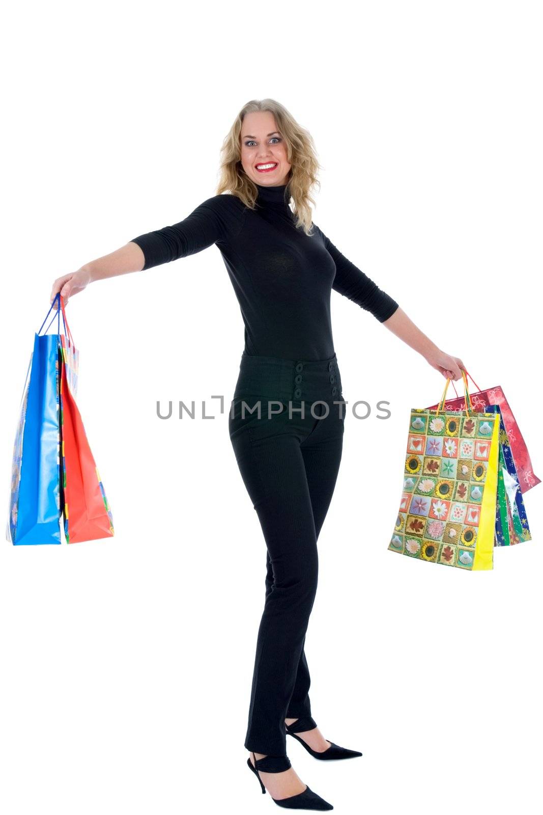 expressive woman  on white background  shopping