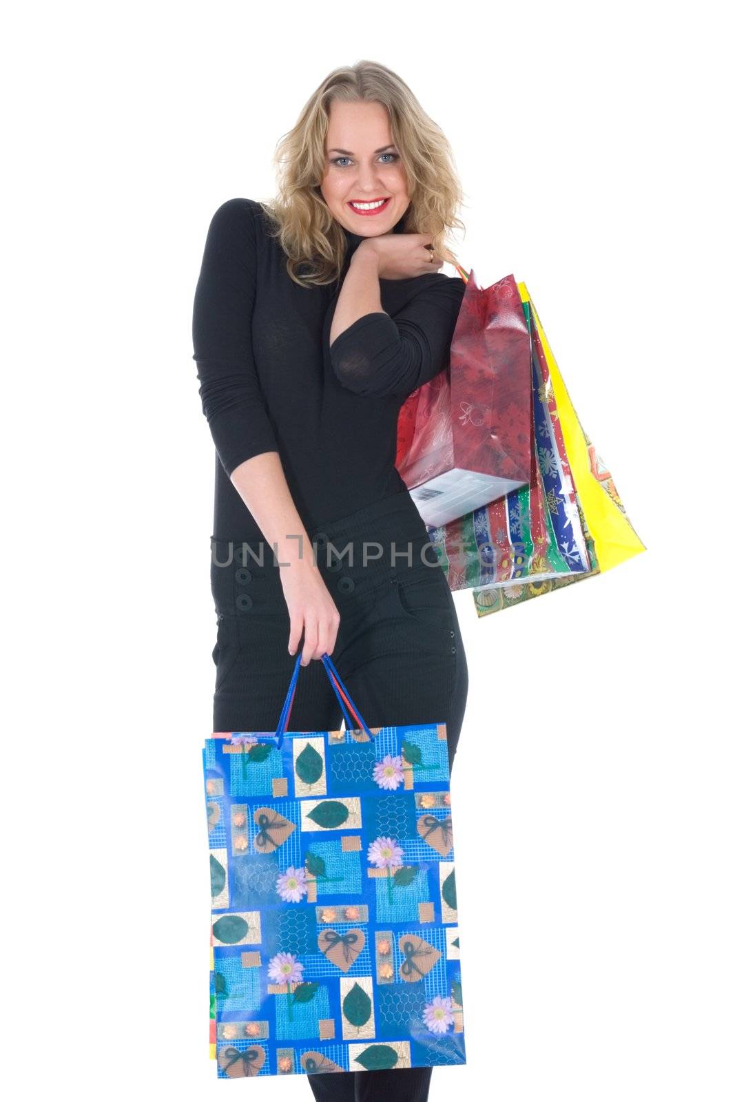expressive woman  on white background  shopping
