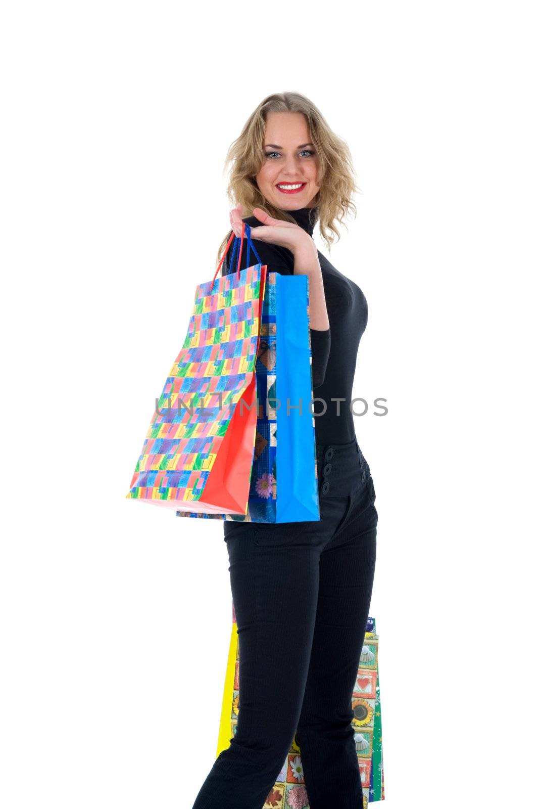 expressive woman  on white background  shopping