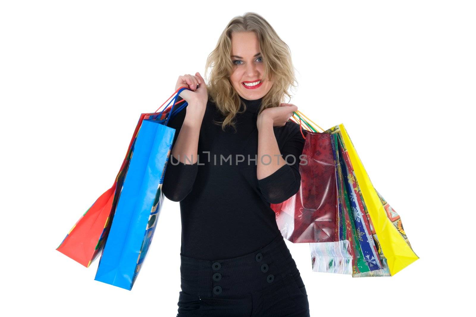 expressive woman  on white background  shopping