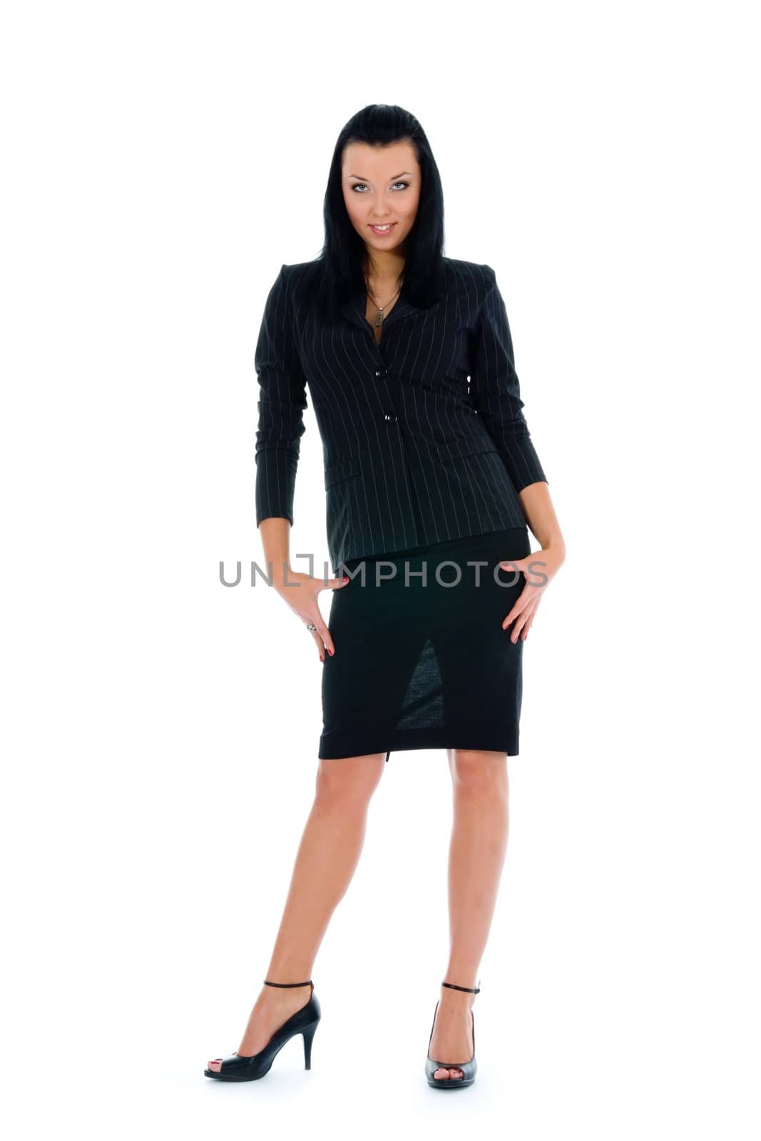 portrait of the brunette with blue eye on white background
