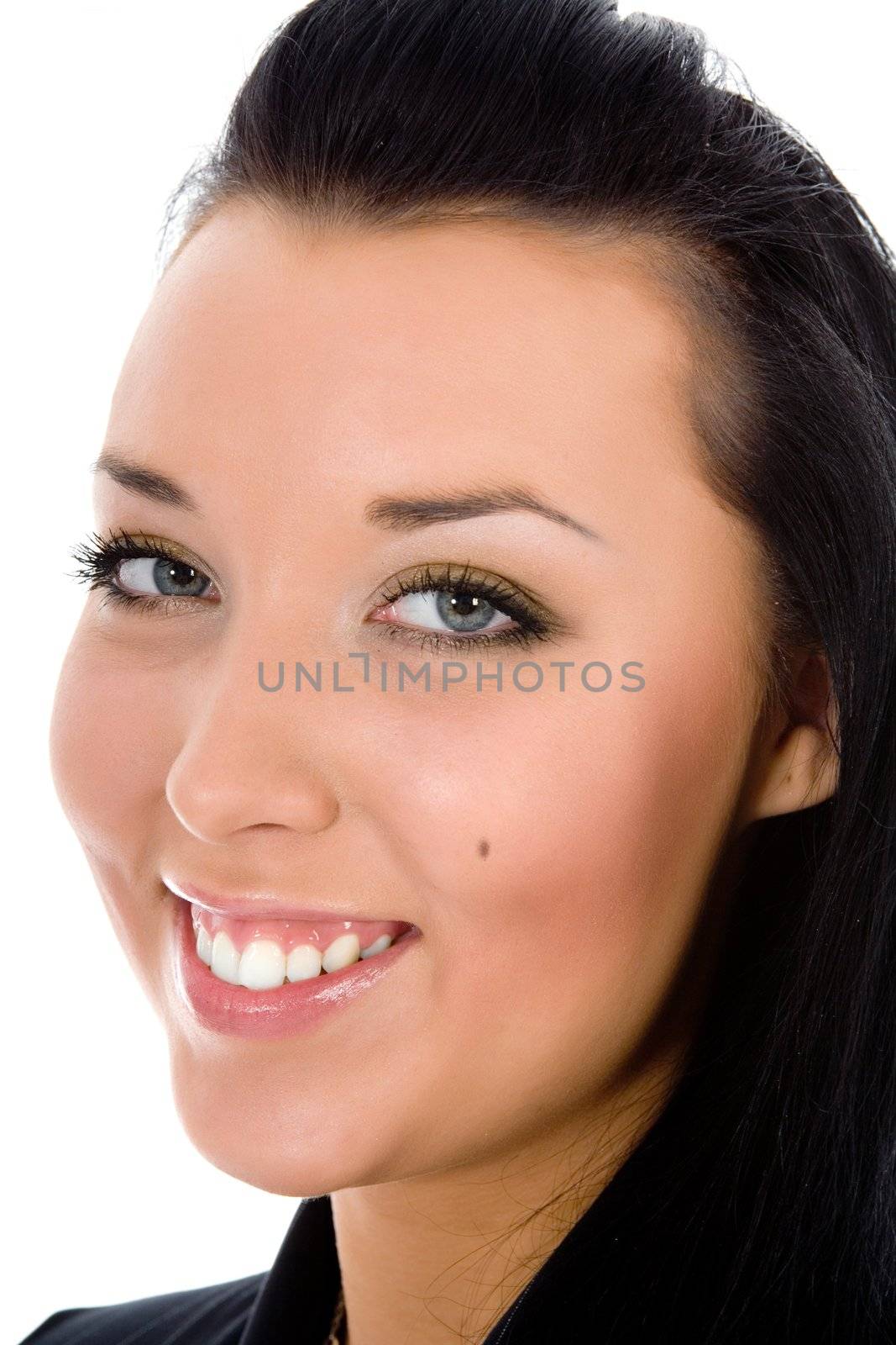 portrait of the brunette with blue eye on white background