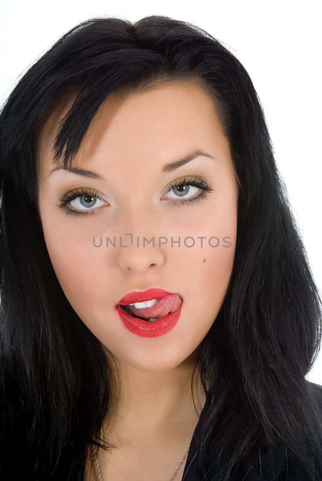 portrait of the brunette with blue eye on white background