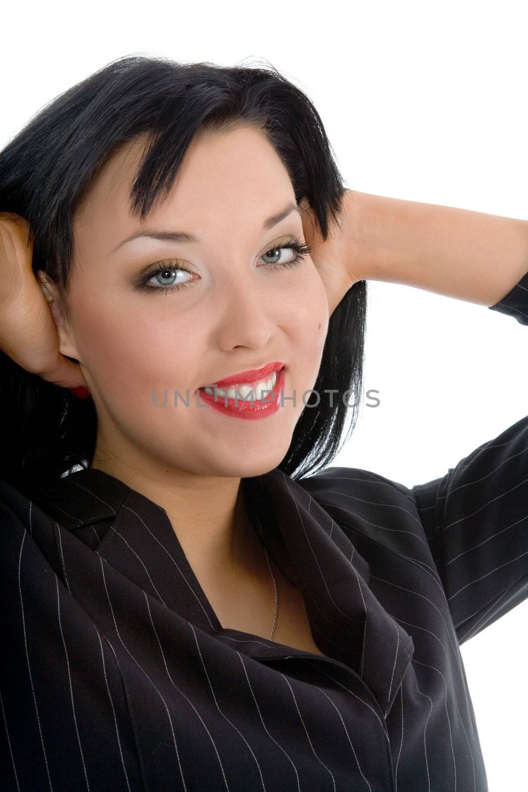 portrait of the brunette with blue eye on white background