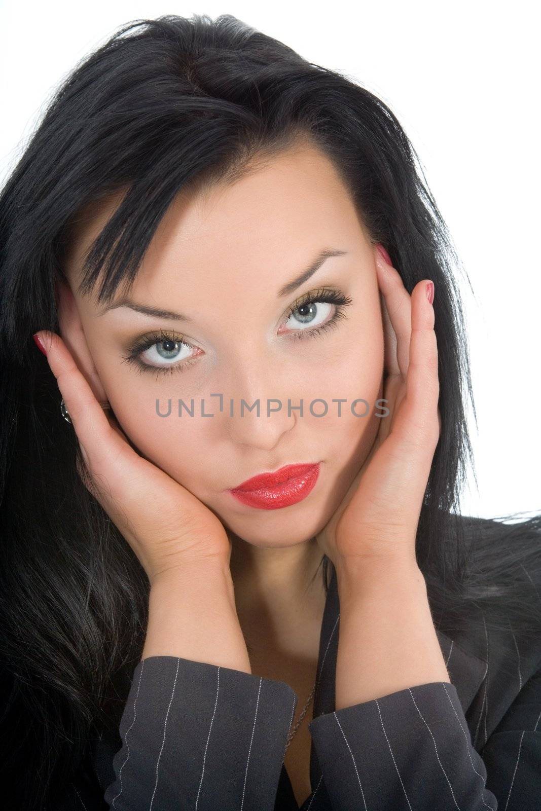 portrait of the brunette with blue eye on white background