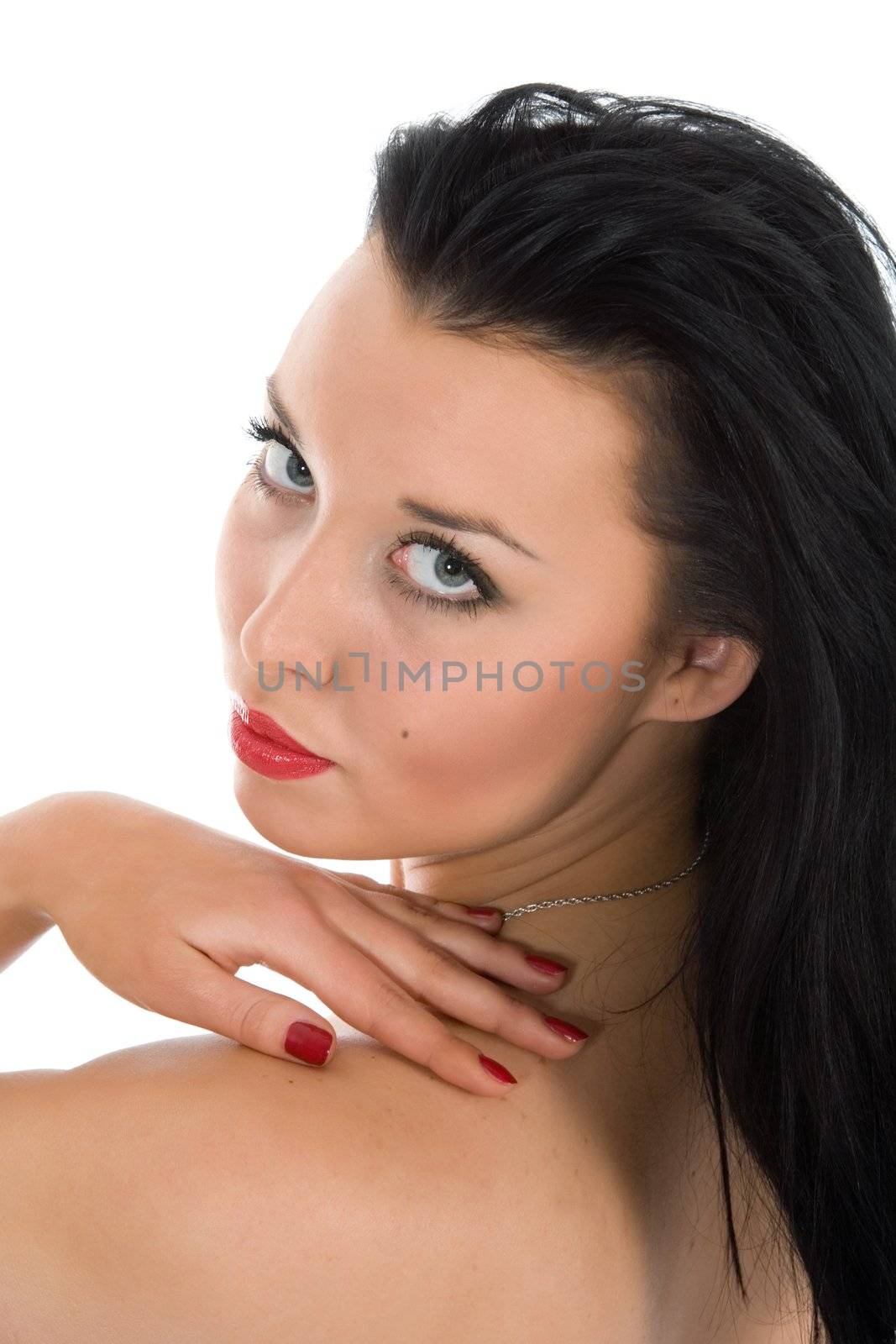 portrait of the brunette with blue eye on white background