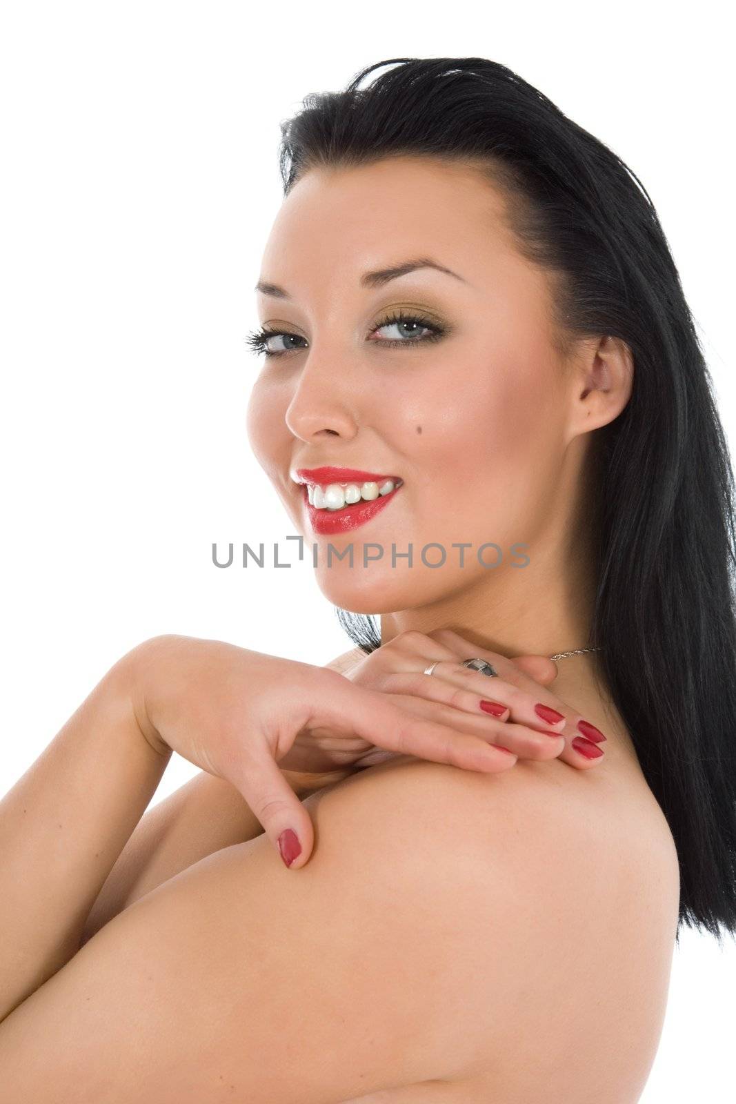 portrait of the brunette with blue eye on white background