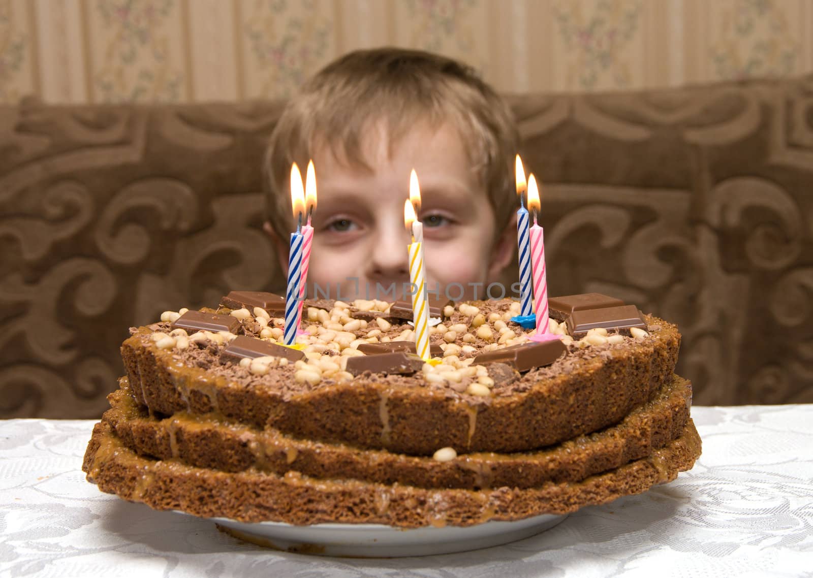 The boy looks at a celebratory pie with candles.