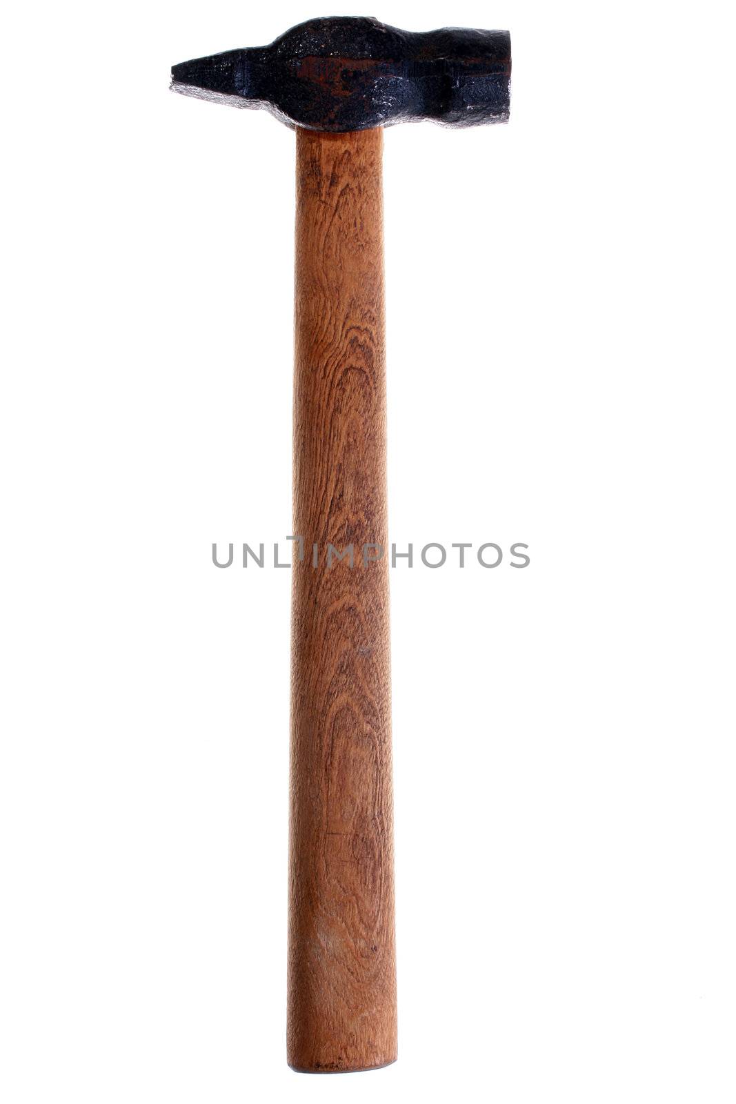 Ancient building hammer with the wooden handle on a white background.