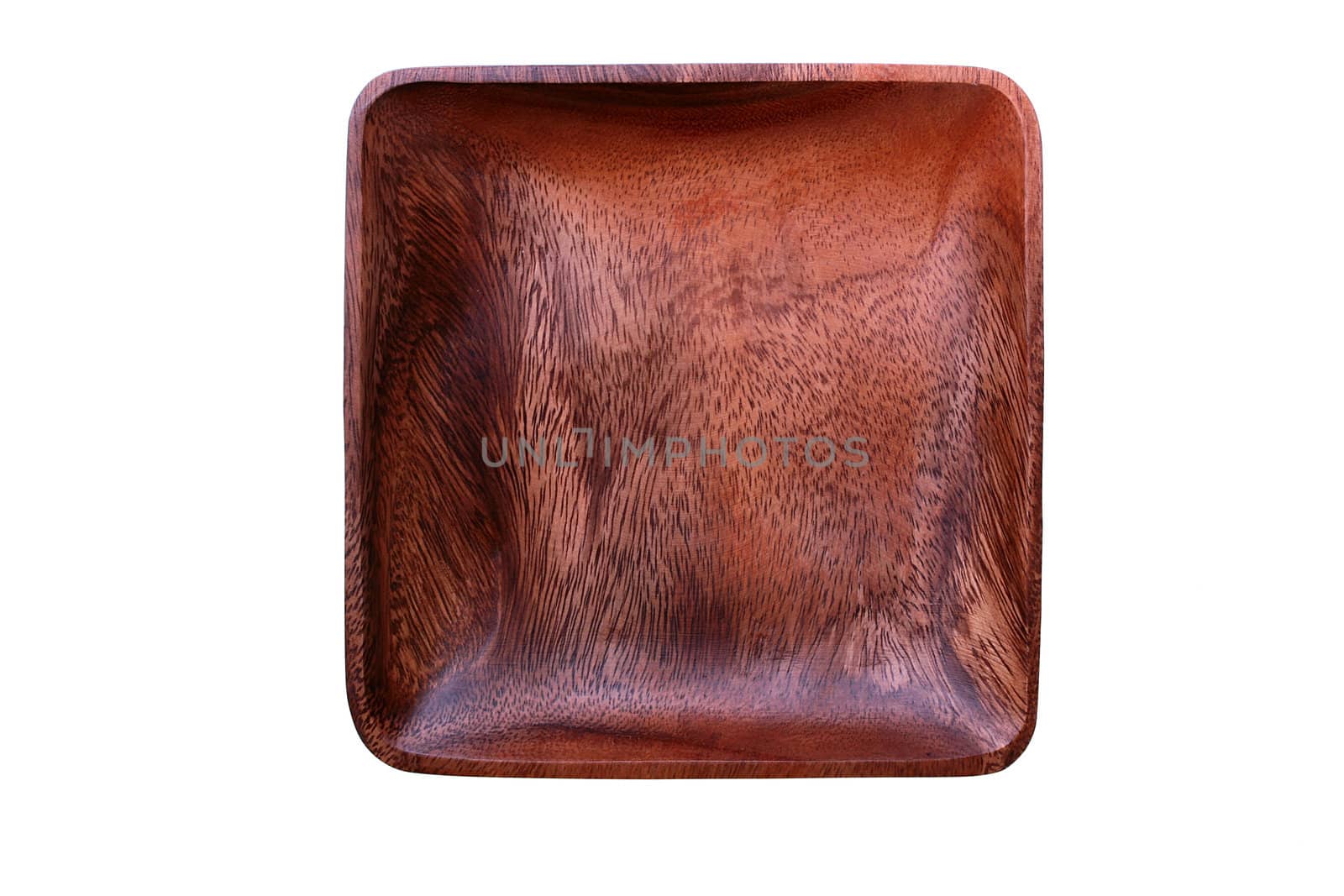 Wooden square plate, picture from above, on a white background.