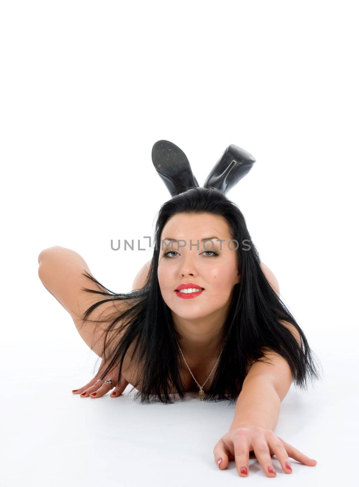 portrait of the brunette with blue eye on white background