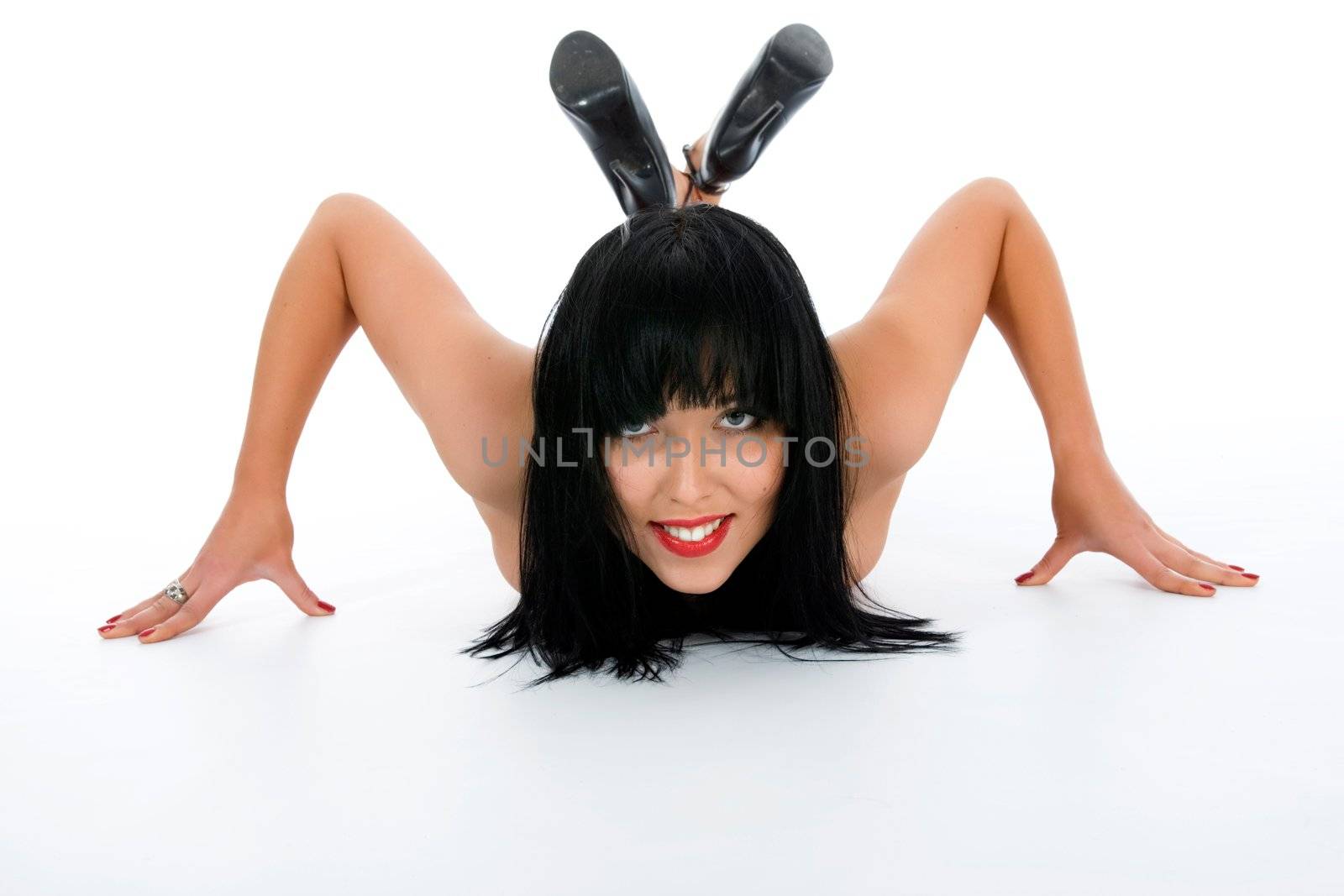 portrait of the brunette with blue eye on white background