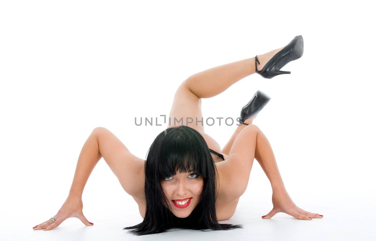 portrait of the brunette with blue eye on white background