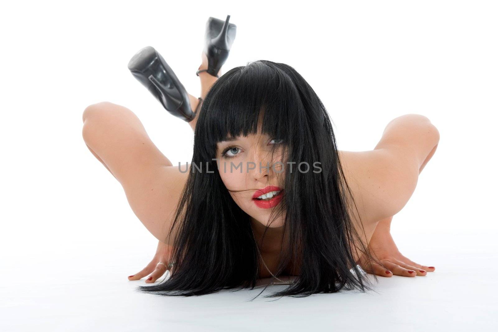 portrait of the brunette with blue eye on white background