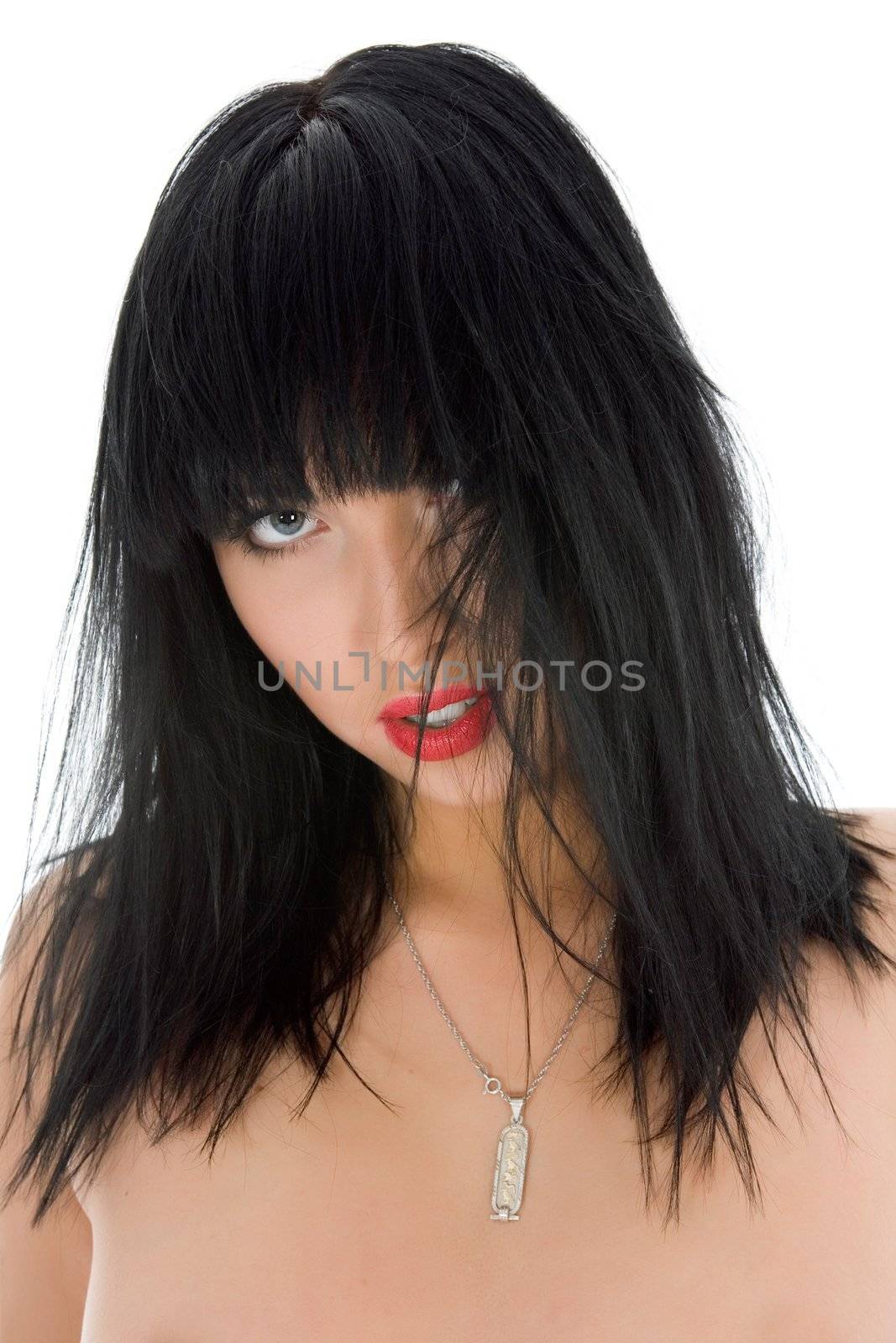 portrait of the brunette with blue eye on white background