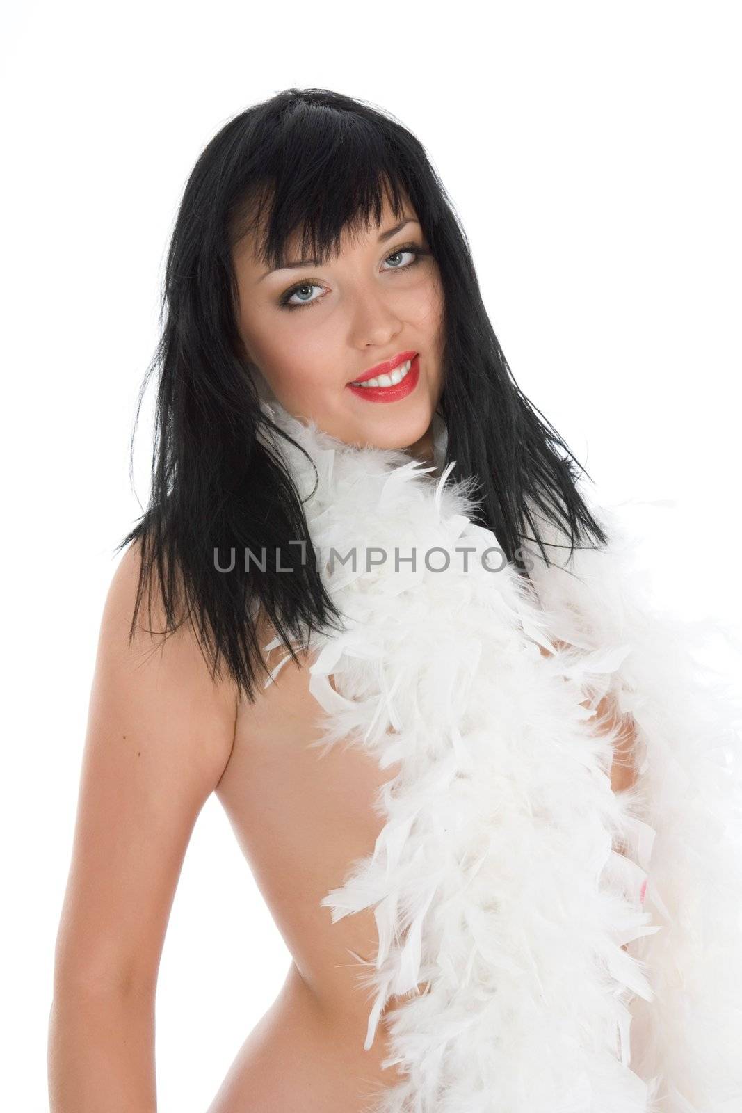 portrait of the brunette with blue eye on white background