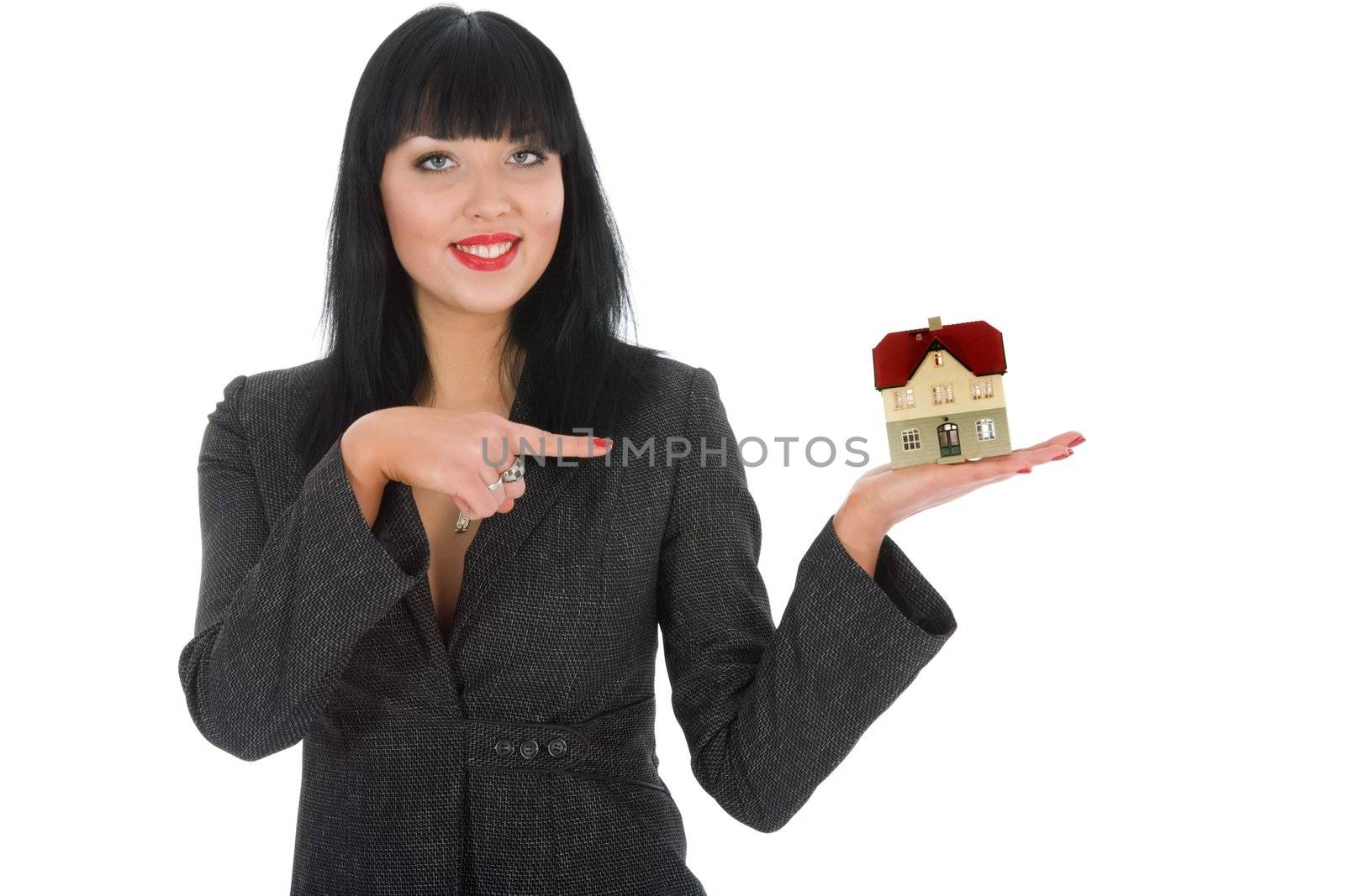 Business woman advertises real estate on white background