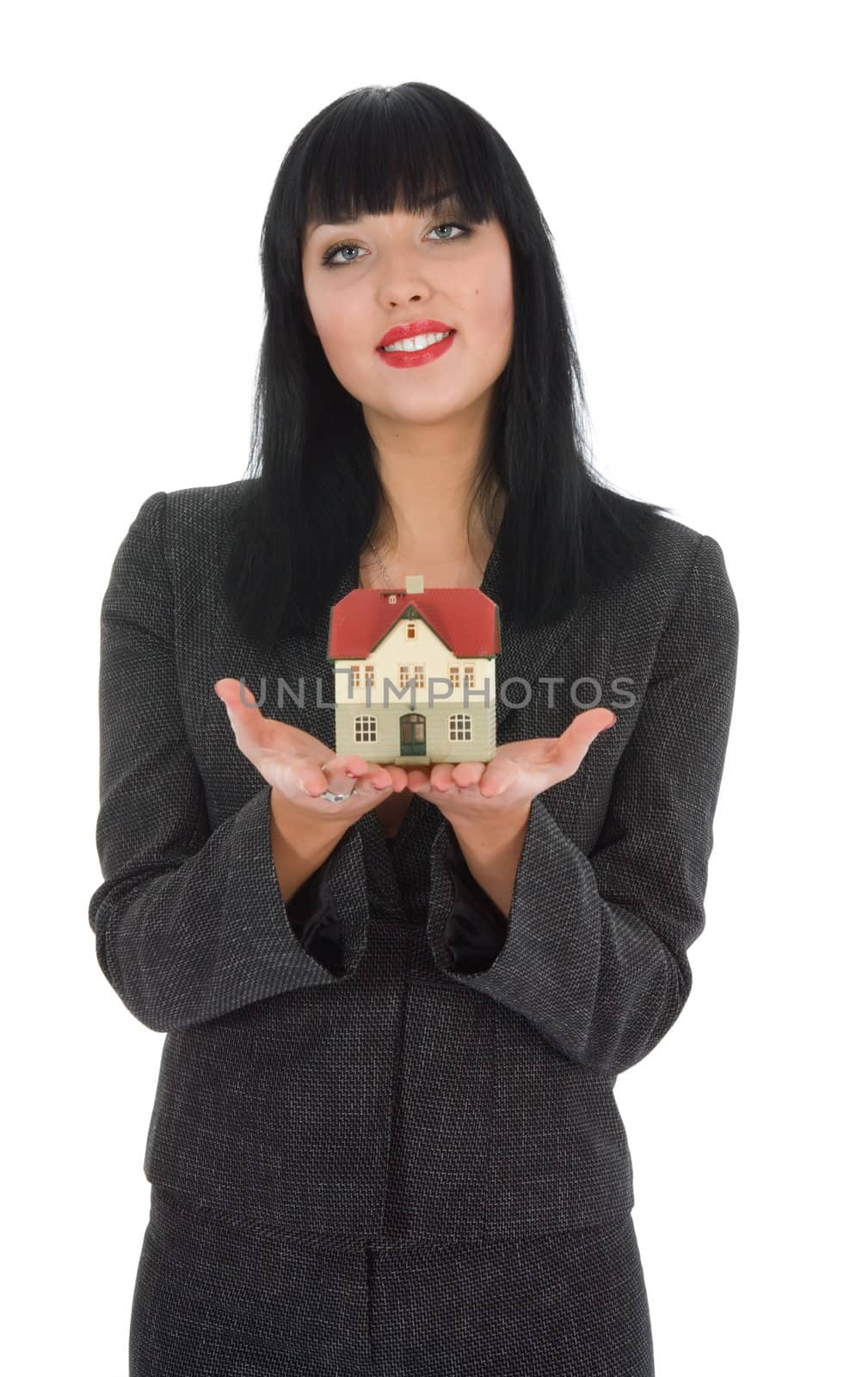 Business woman advertises real estate on white background