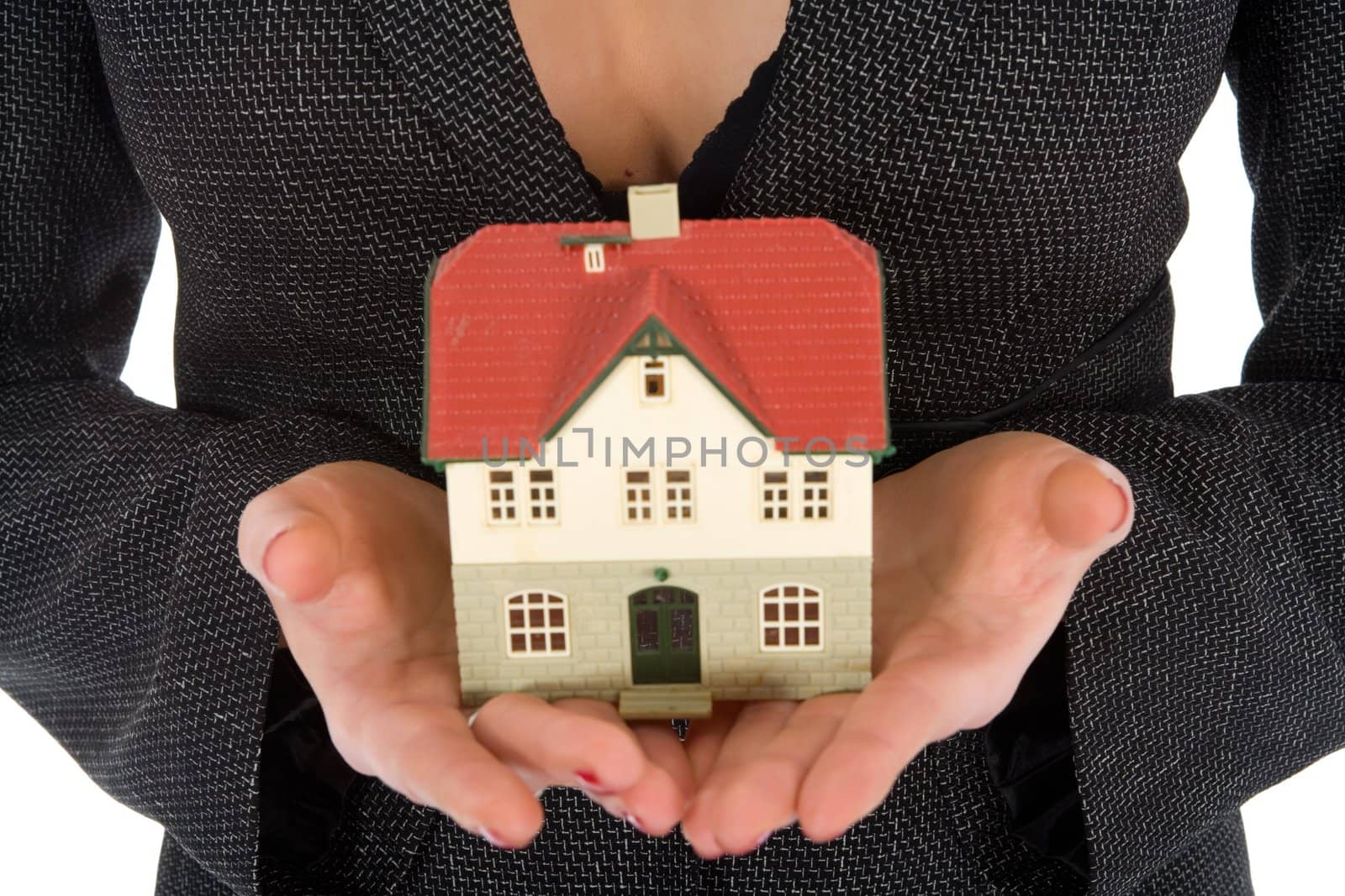 Business woman advertises real estate on white background