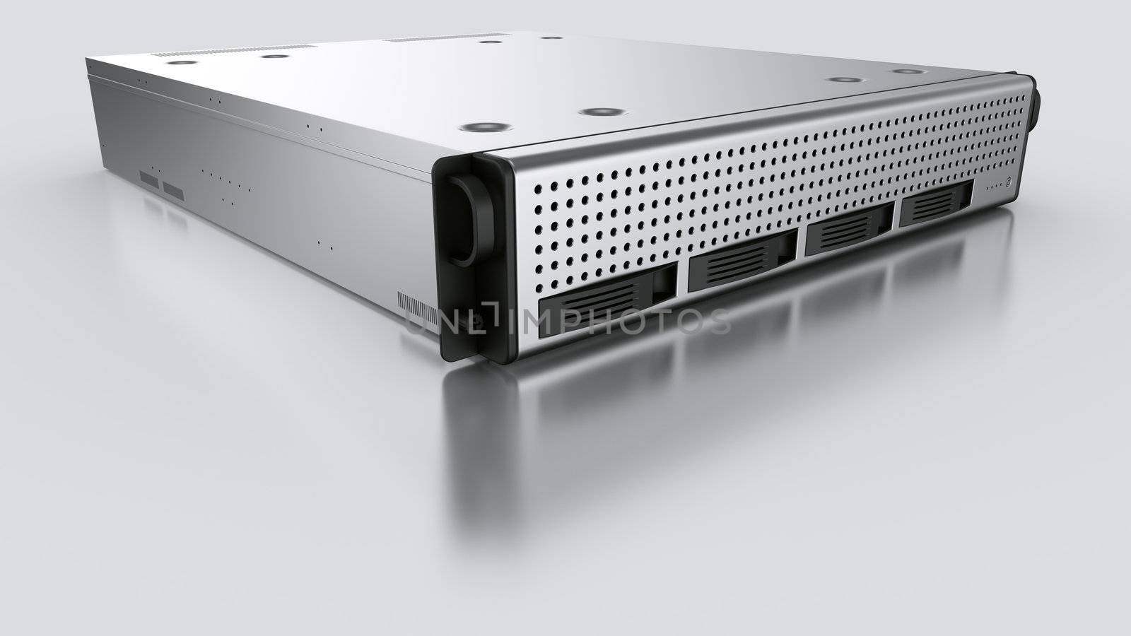 3d rendering of a rack server on white reflective ground.