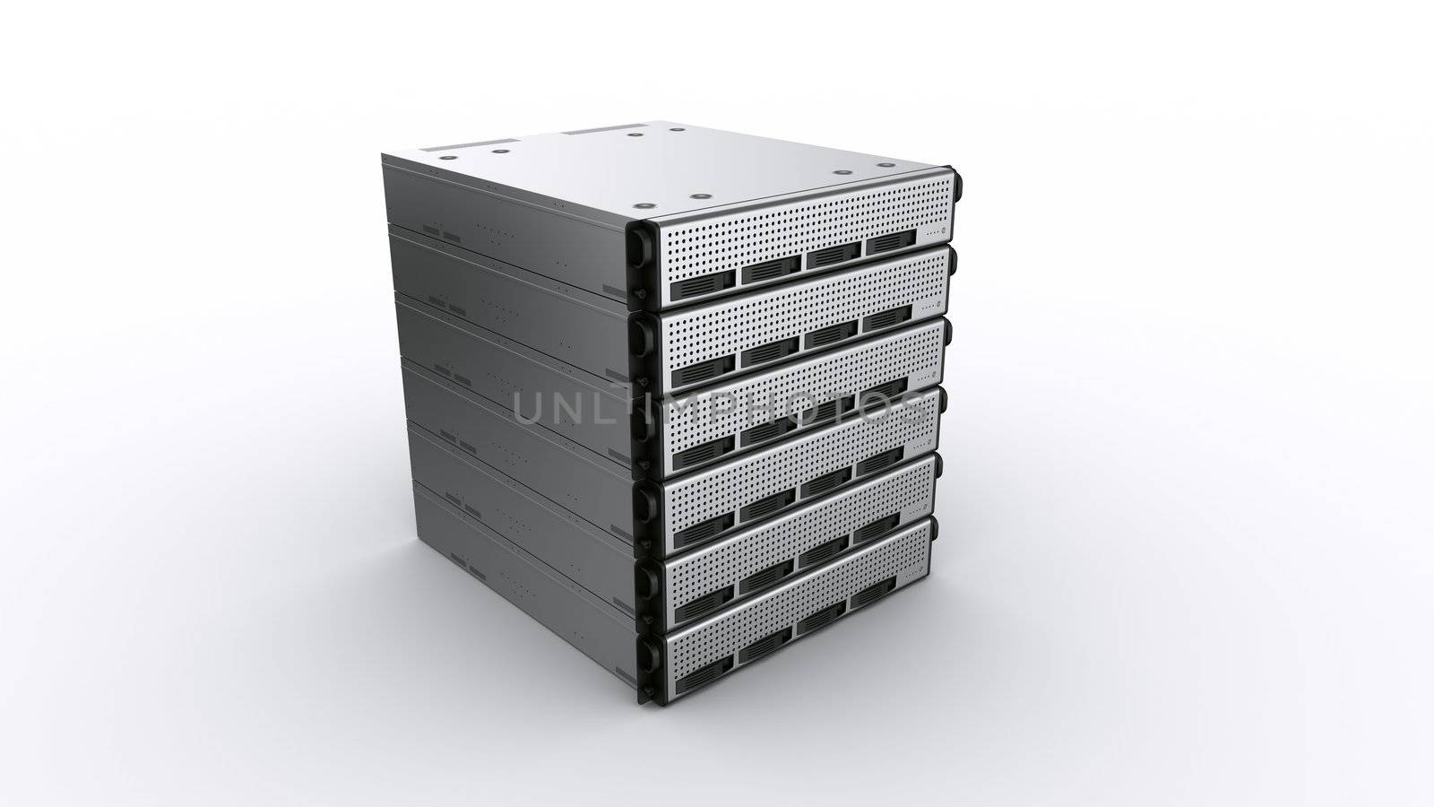 3d rendering of multiple rack servers on white background.