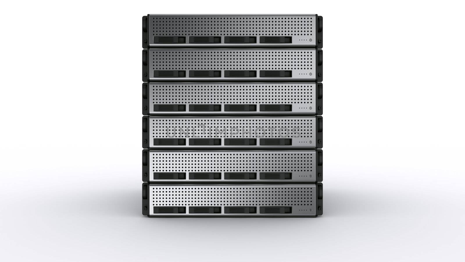 3d rendering of multiple rack servers on white background.