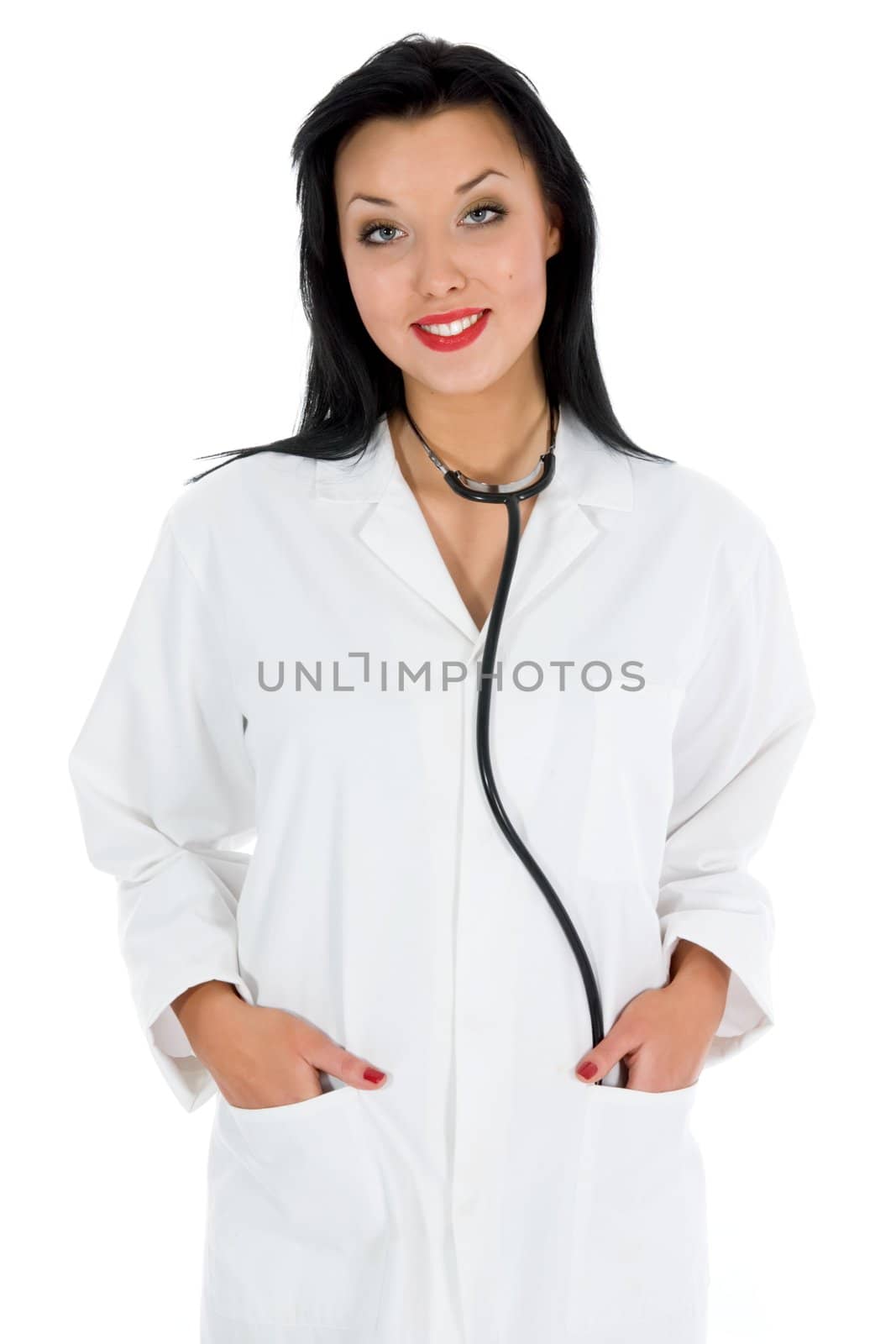 young doctor with stethoscope on white background