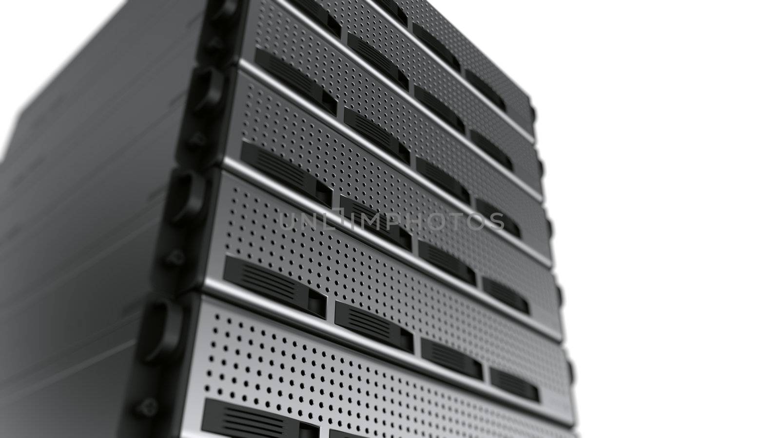 3d rendering of multiple rack servers on white background.