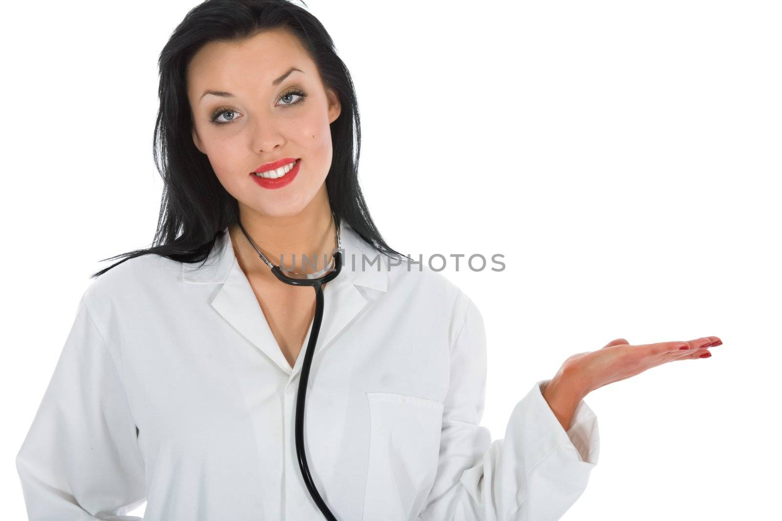 young doctor with stethoscope on white background