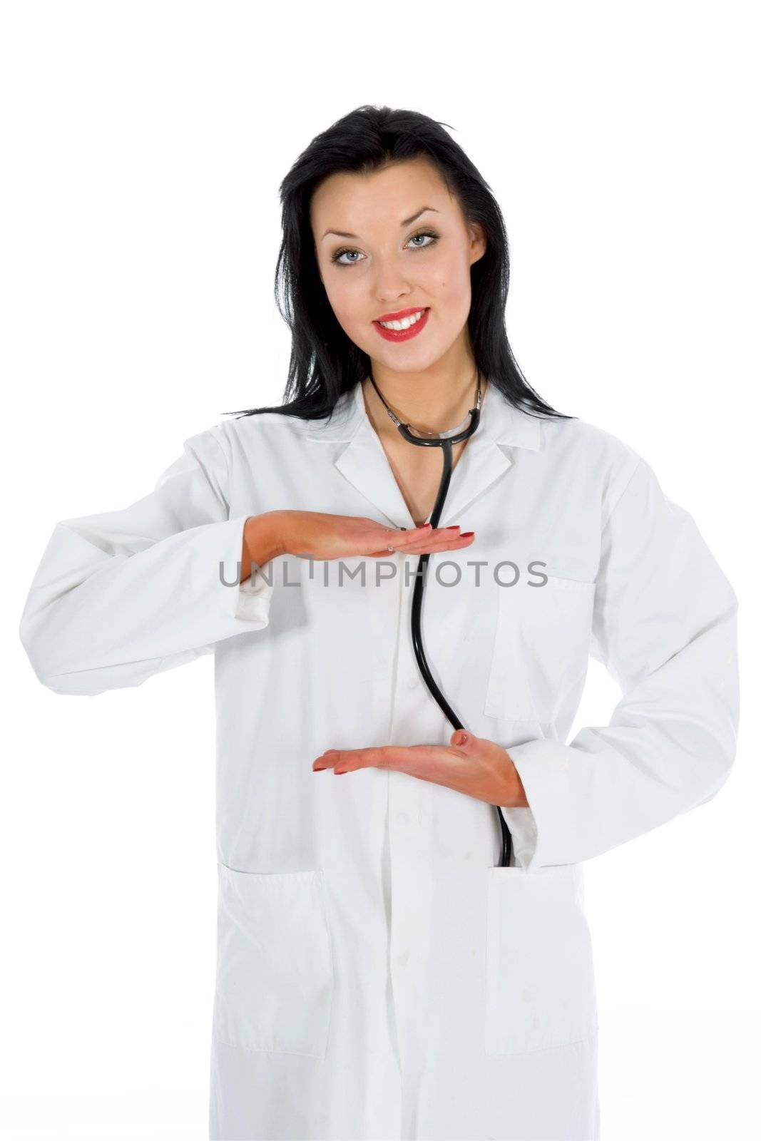 young doctor with stethoscope on white background