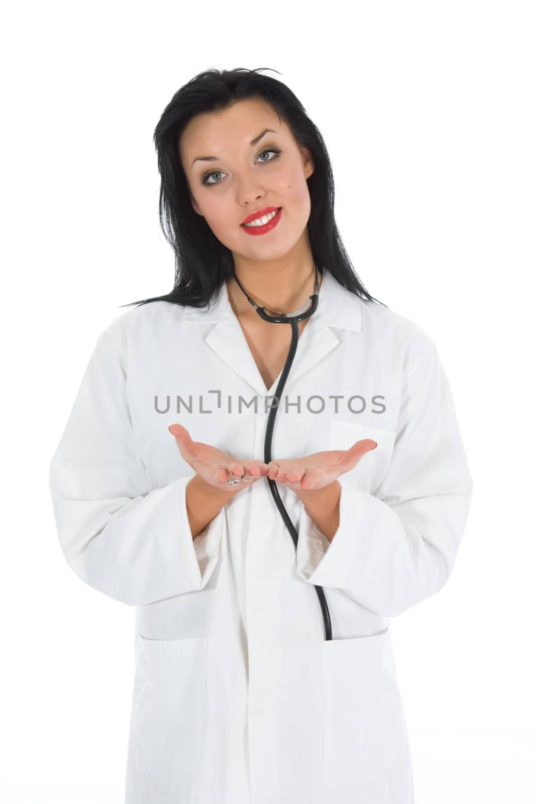 young doctor with stethoscope on white background