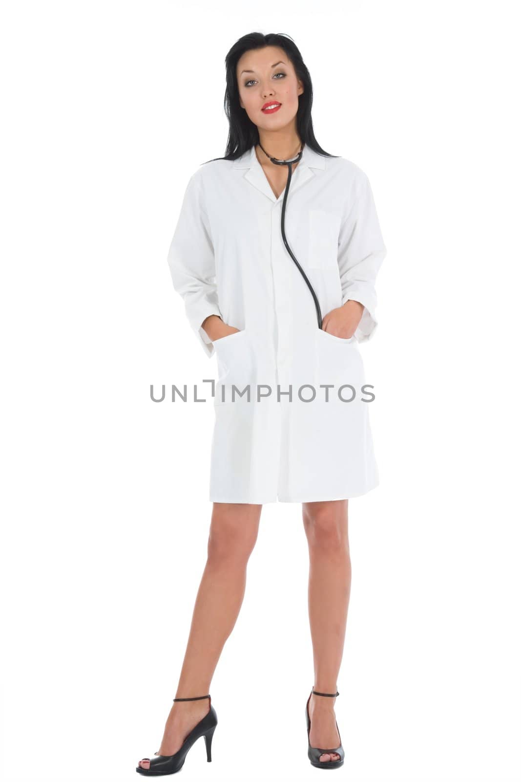 young doctor with stethoscope on white background