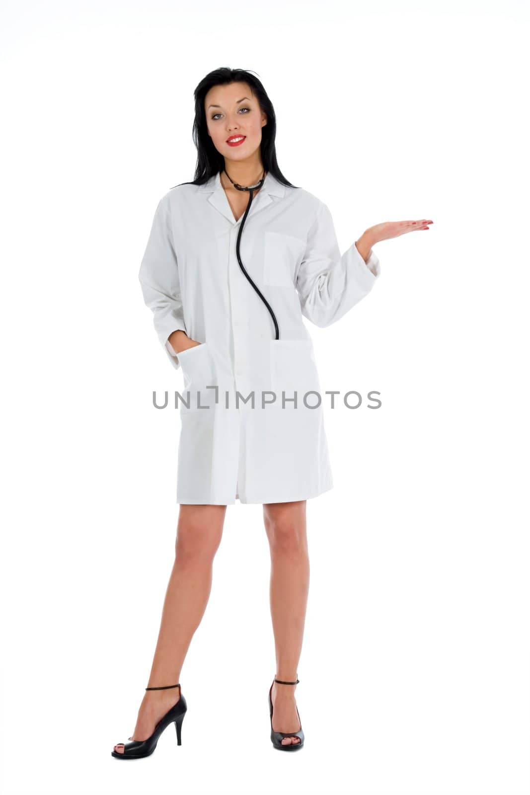 young doctor with stethoscope on white background