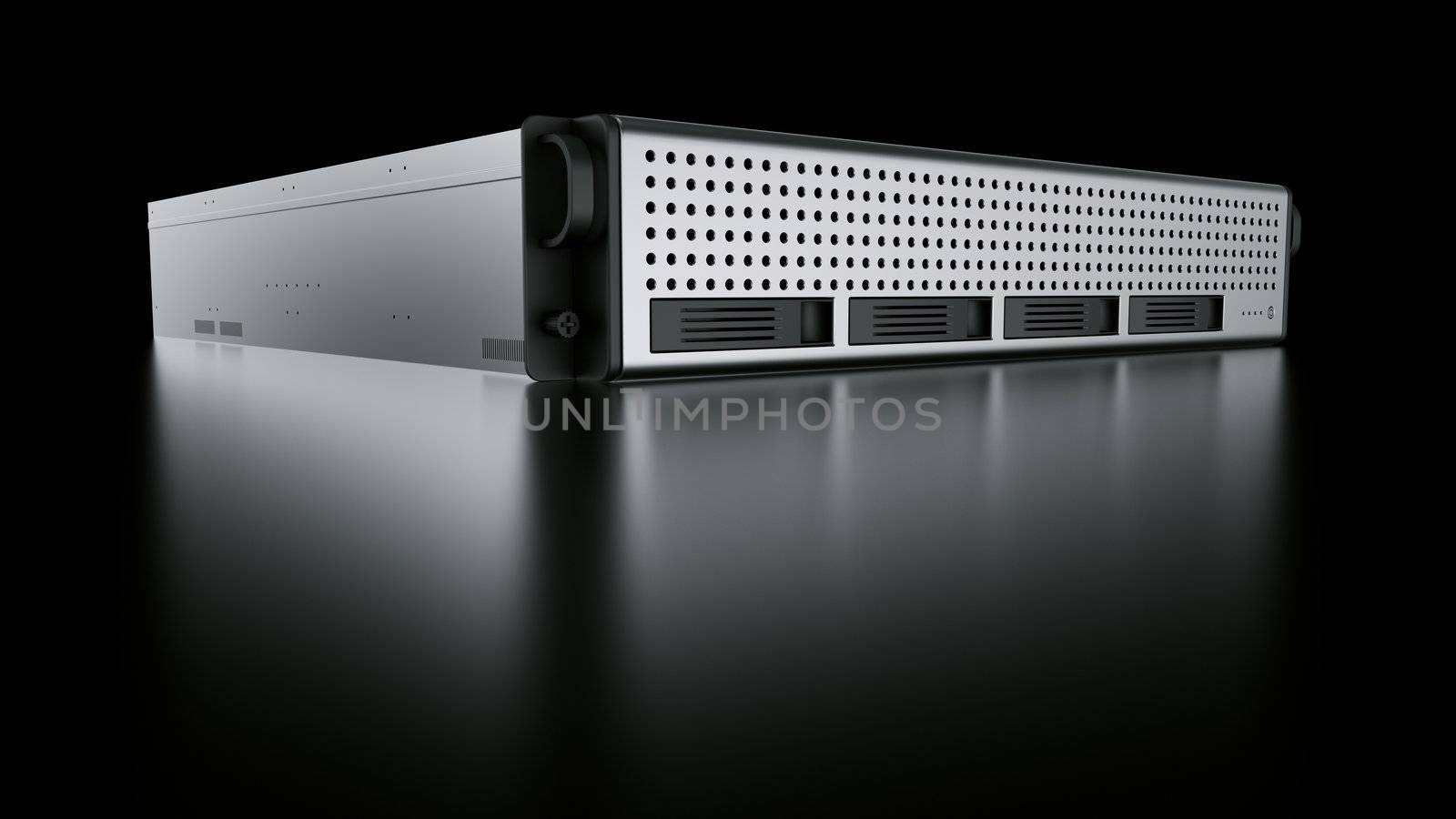 3d rendering of a rack server on black reflective ground.