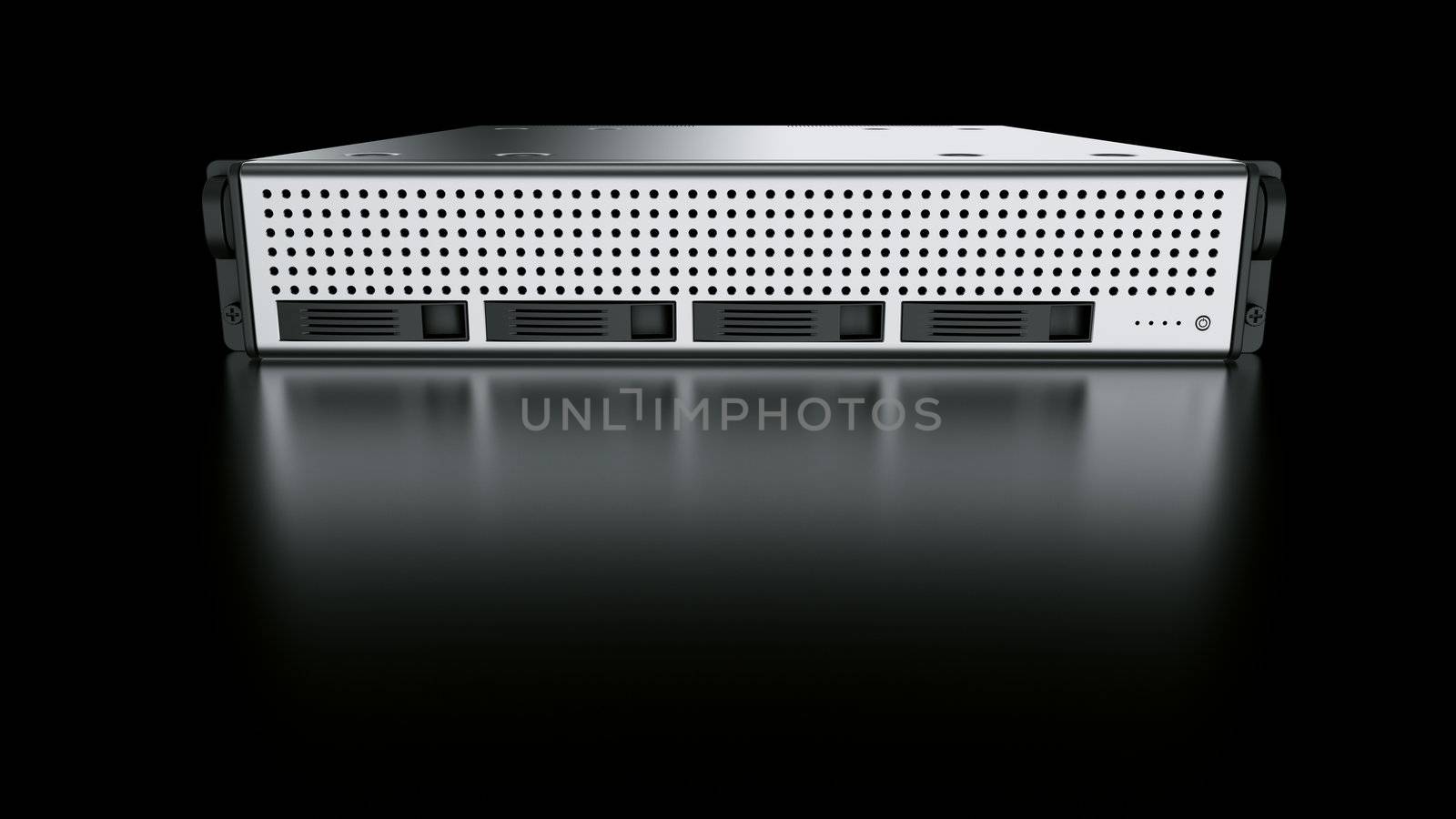 3d rendering of a rack server on black reflective ground.