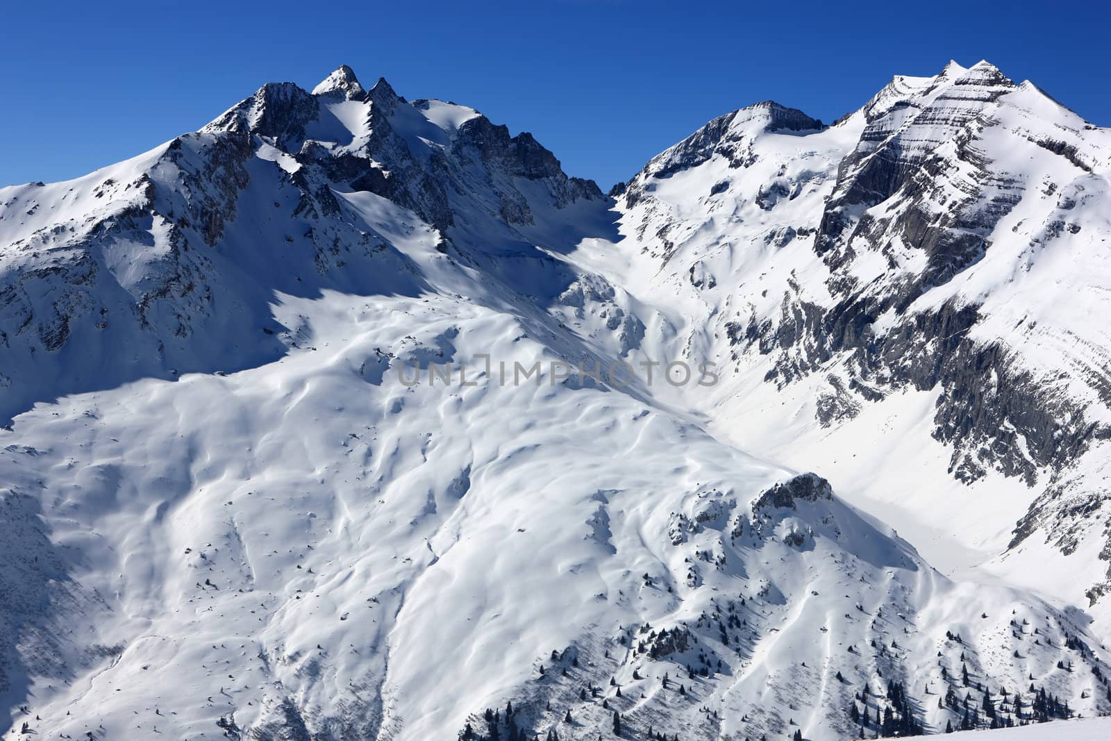 Panoramic view of swiss mountains covered with snow