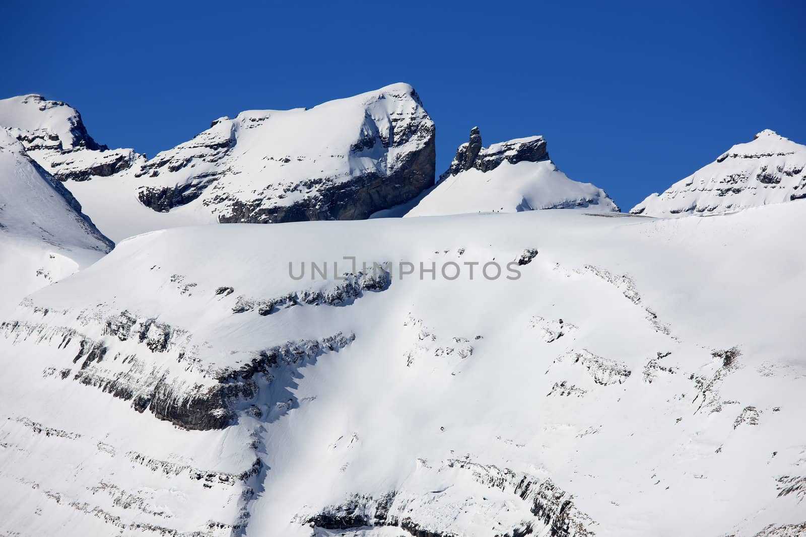 Panoramic view of swiss mountains covered with snow